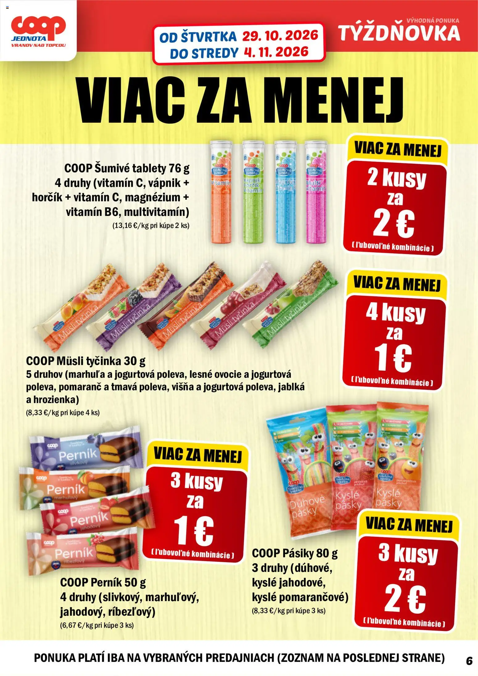 Náhľad COOP Jednota letáku platného od 29.10.2026 - Ovocie, Multivitamín, Jablká, Hrozienka, Müsli, Šumivé tablety, Müsli tyčinka