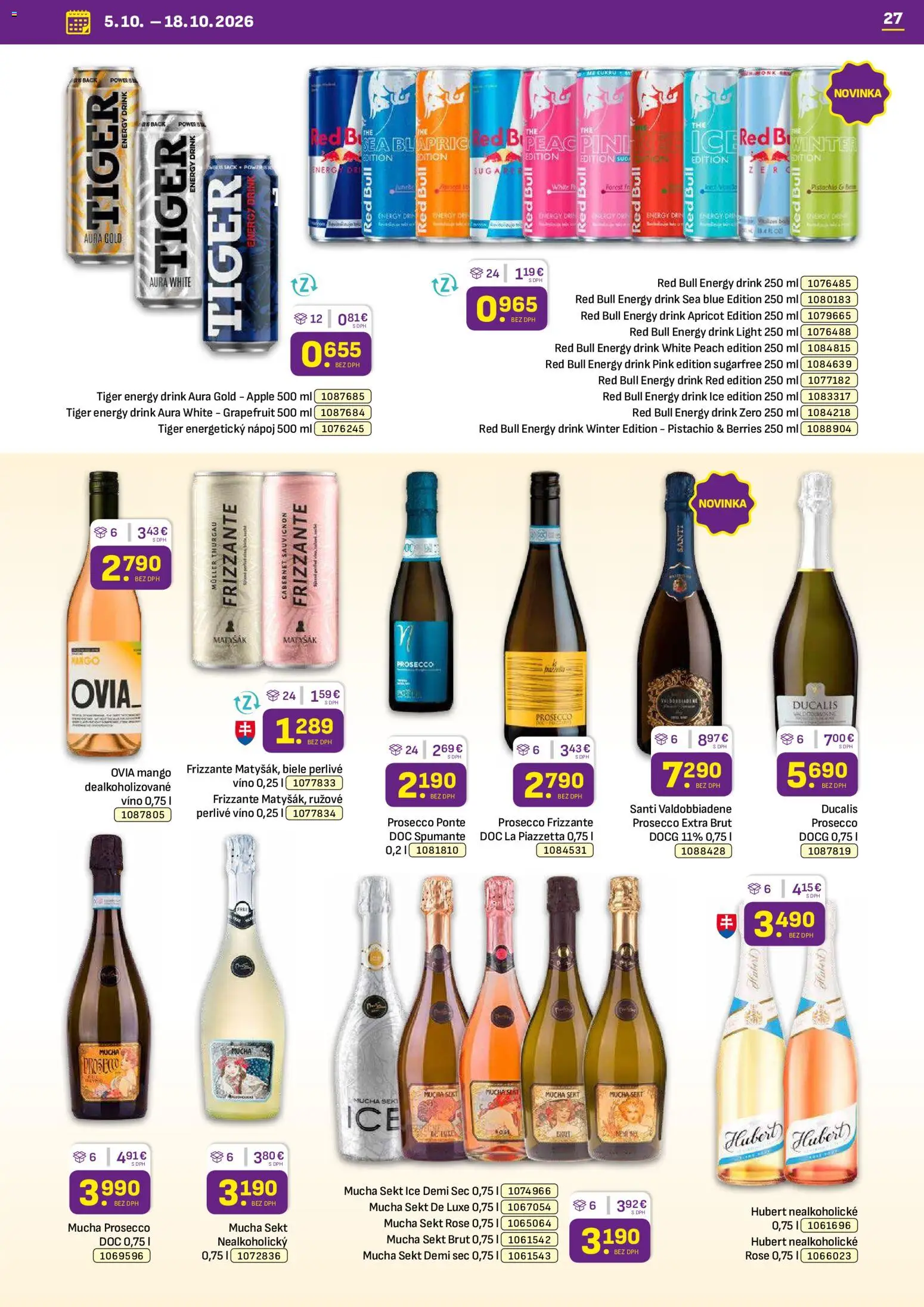 Náhľad Libex letáku platného od 05.10.2026 - Mango, Víno, Prosecco, Red Bull, Grapefruit, Energetický nápoj, Sekt, Perlivé víno