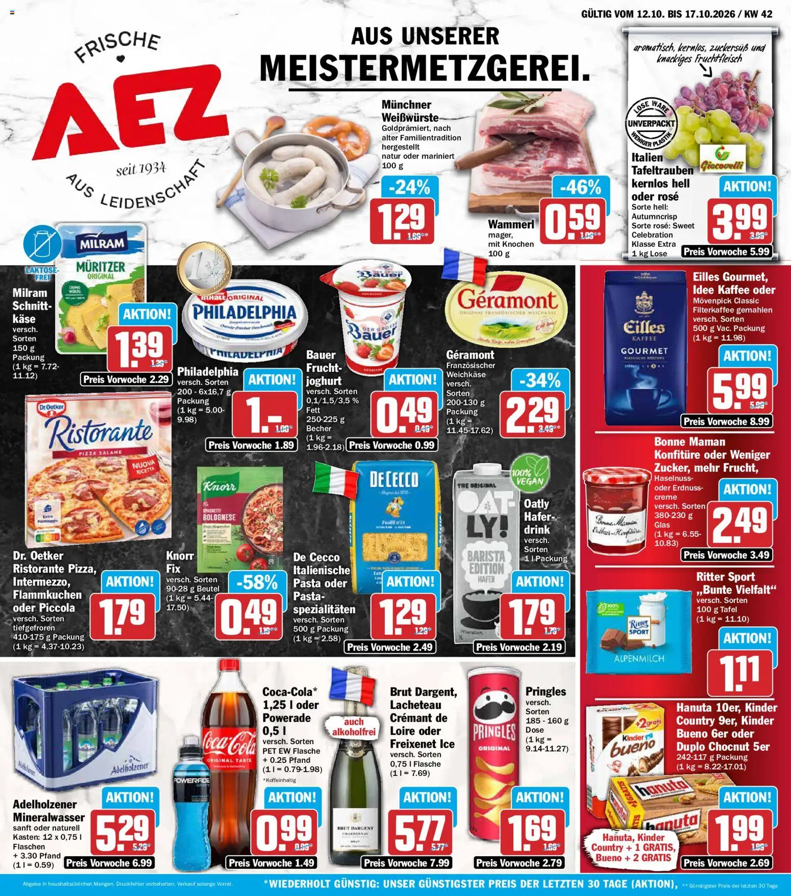 Vorschau von dem Prospekt des Geschäftes AEZ, gültig ab dem 12.10.2026 - Philadelphia, Kinder bueno, Oatly, Adelholzener, Creme, Geramont, Bonne maman, Spezialitäten