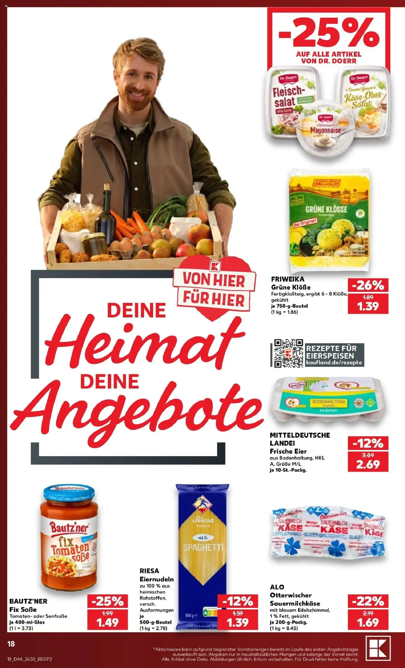 Vorschau von dem Prospekt des Geschäftes Kaufland, gültig ab dem 26.10.2026 - Käse, Spaghetti, Salat, Fleisch, Eier, Mayonnaise, Tomaten, Soße