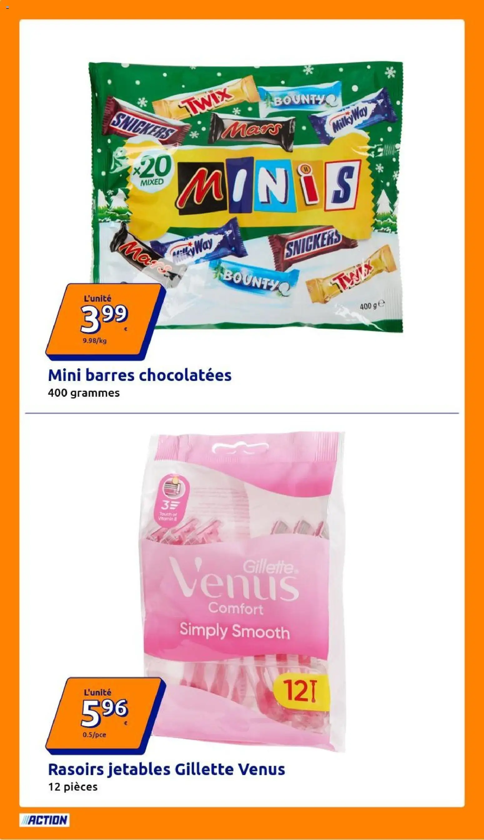 Prévisualisation de Action catalogue du magasin Action formulaire valide 28/10/2026 - Snickers, Twix, Rasoirs jetables