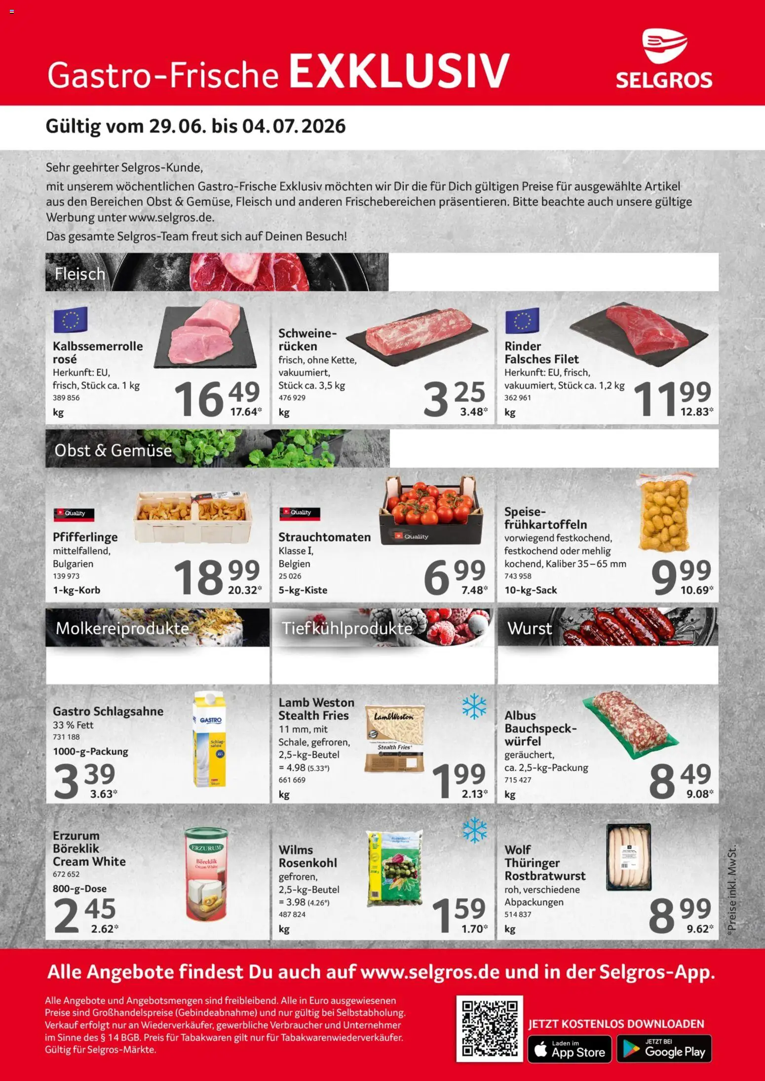 Vorschau von dem Prospekt des Geschäftes Selgros, gültig ab dem 29.06.2026 - Wurst, Gemüse, Obst, Pfifferlinge, Fleisch, Schlagsahne, Sahne
