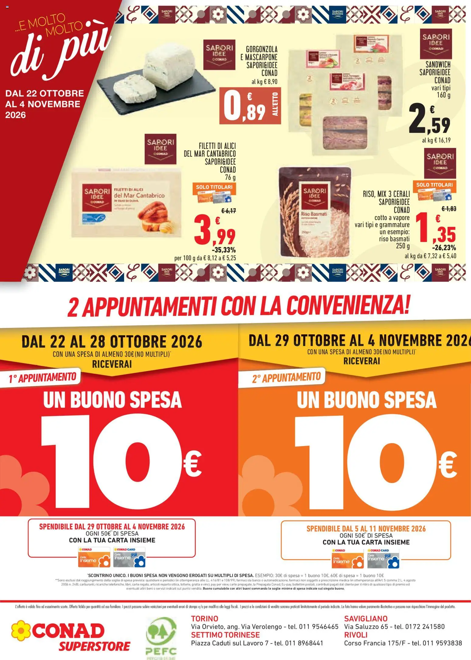 Anteprima dell'opuscolo Conad volantino Perché Conviene Piemonte dal negozio Conad valido da 22/10/2026 - Stampa, Gorgonzola, Riso Basmati, Riso, Mascarpone, Alici
