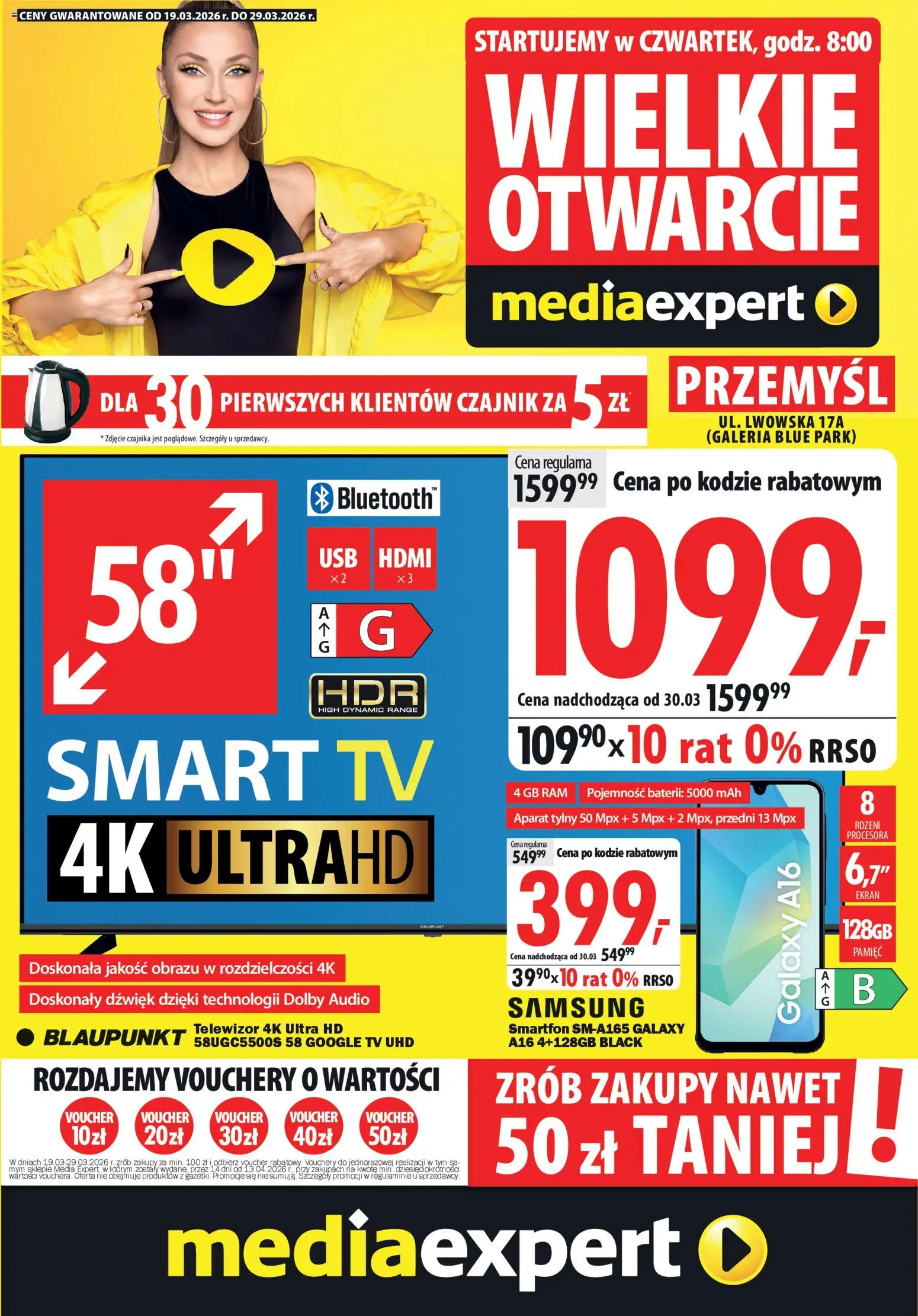 Pogląd gazetki "Mediaexpert promocje - Wielkie otwarcie Przemyśl" ze sklepu Mediaexpert ważnej od 19.03.2026 - Telewizor, Smartfon, Czajnik, Audio