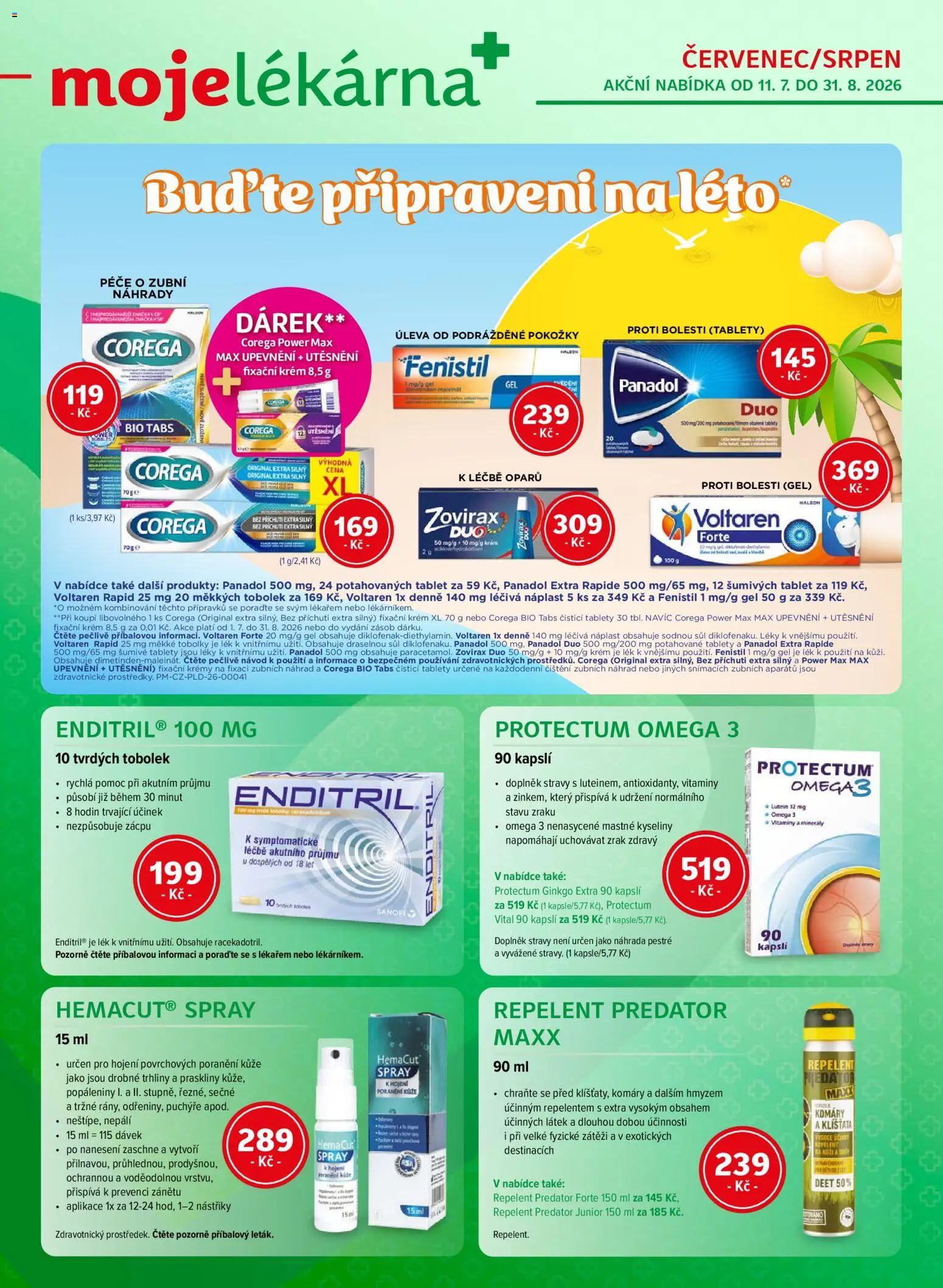 Náhled nabídky: Moje lékárna Moje lékárna leták platný od 11.07.2026 - Omega 3, Omega, Repelent, Krém, Corega, Náplast, Šumivé tablety, Voltaren Forte