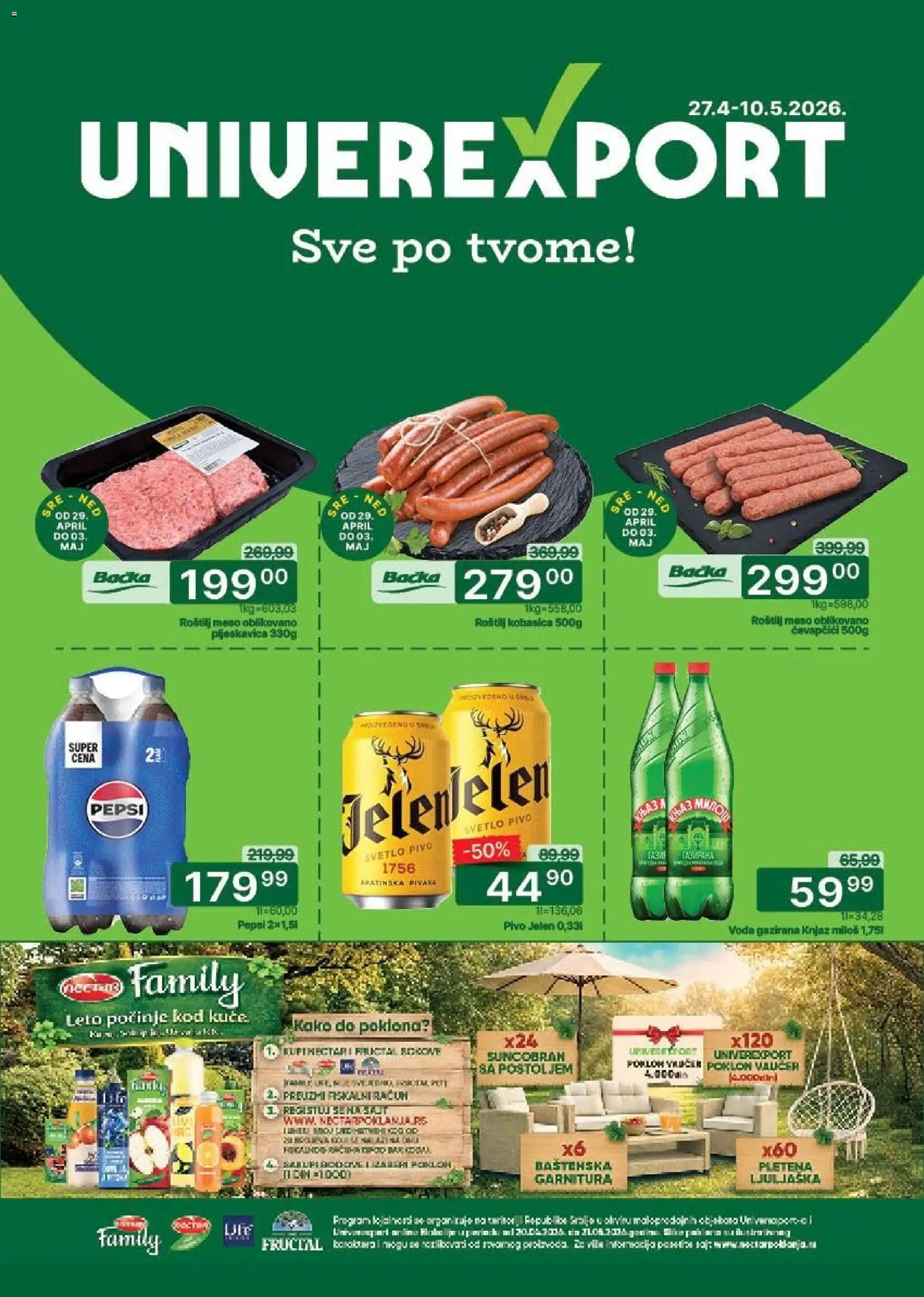 Pregled Univerexport kataloga - važi od 27.04.2026 - Roštilj, Pivo, Voda, Pepsi, Suncobran, Meso, Kobasica, Roštilj meso