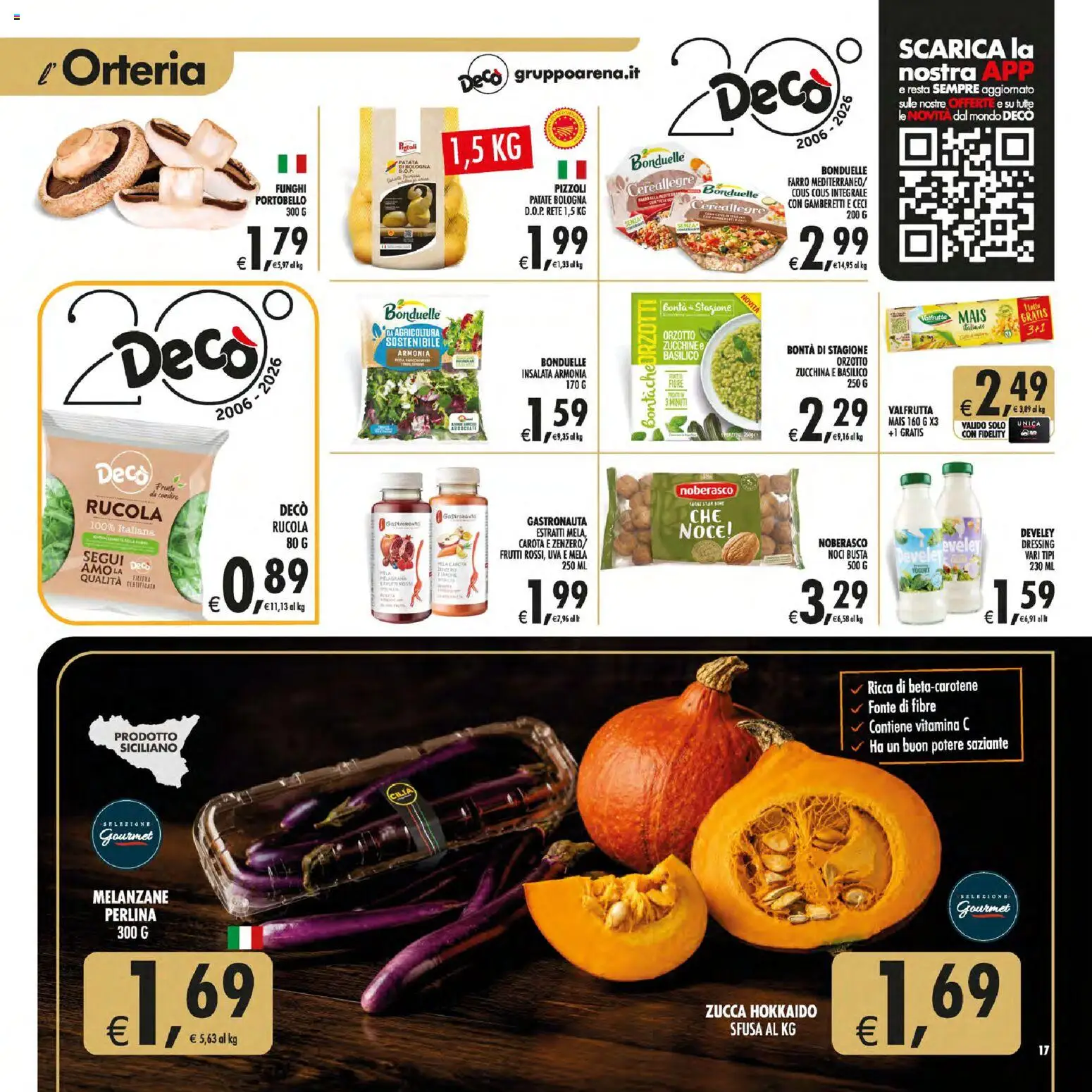 Anteprima dell'opuscolo Decò volantino Gourmet Sicilia dal negozio Decò valido da 01/09/2026 - Noci, Funghi, Zucchine, Basilico, Farro, Patate, Uva, Gamberetti