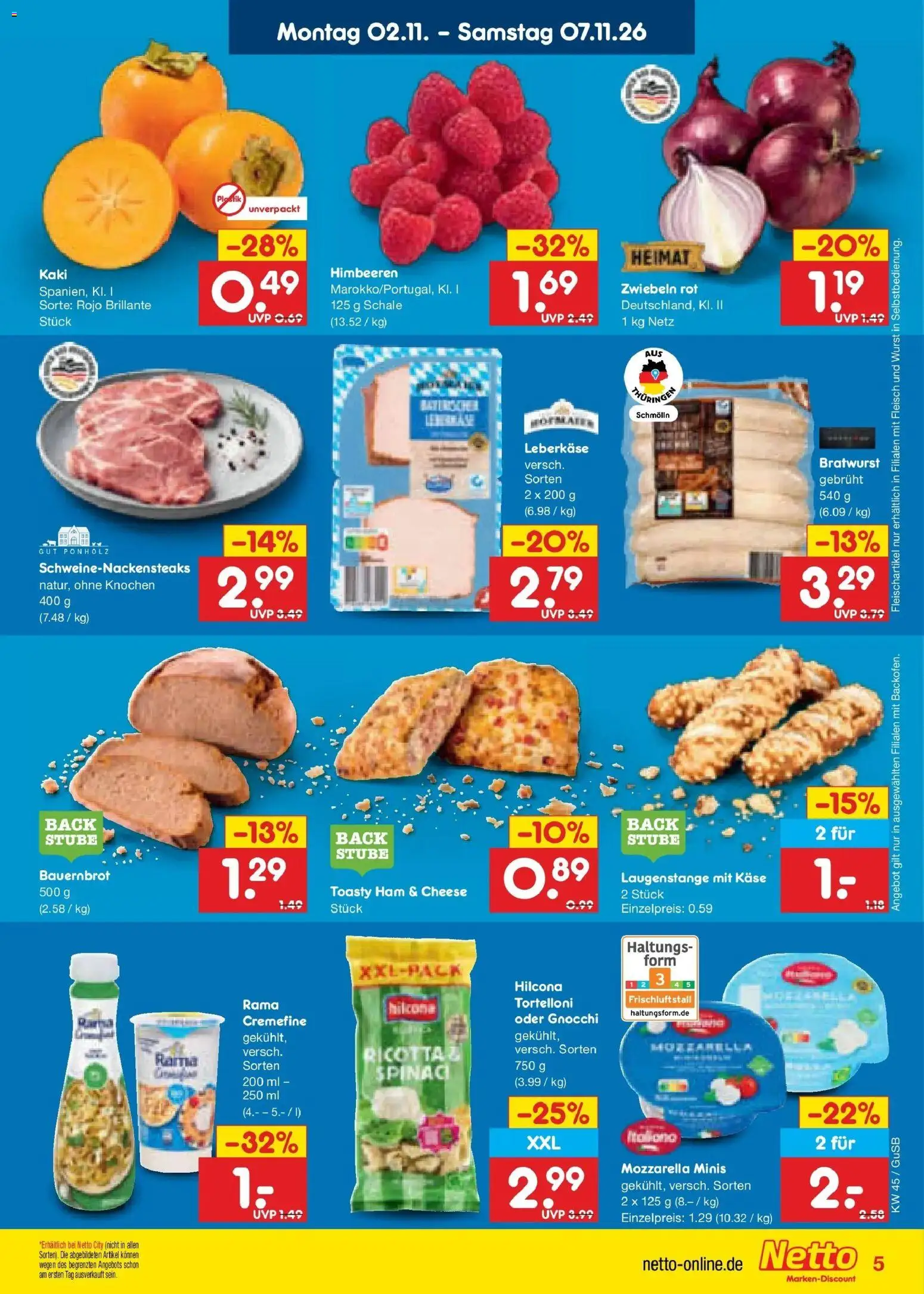 Vorschau von dem Prospekt des Geschäftes Netto Marken-Discount, gültig ab dem 02.11.2026 - Käse, Gnocchi, Wurst, Bratwurst, Himbeeren, Mozzarella, Rama, Leberkase