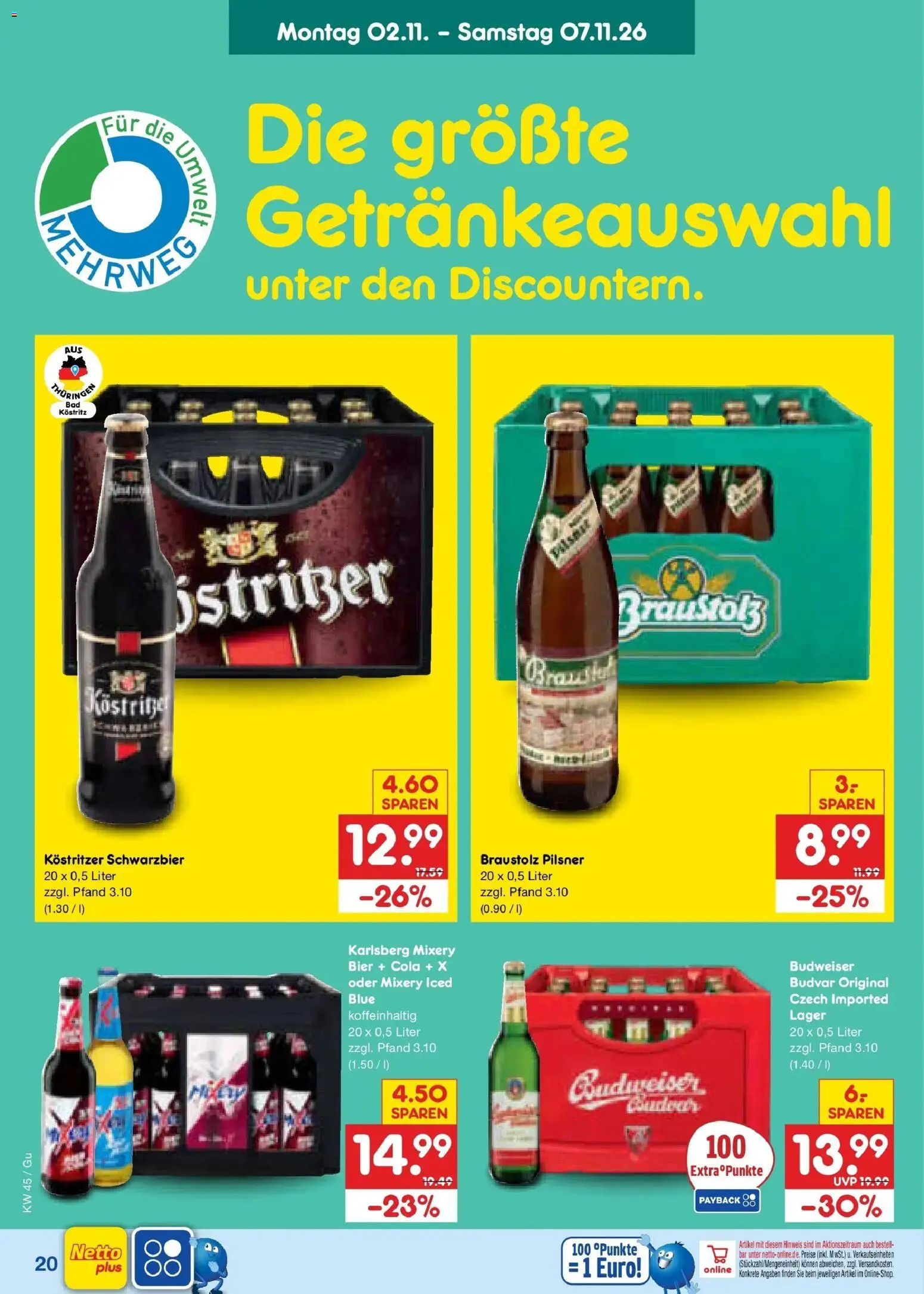 Vorschau von dem Prospekt des Geschäftes Netto Marken-Discount, gültig ab dem 02.11.2026 - Bier, Cola, Budweiser, Mixery, Kostritzer