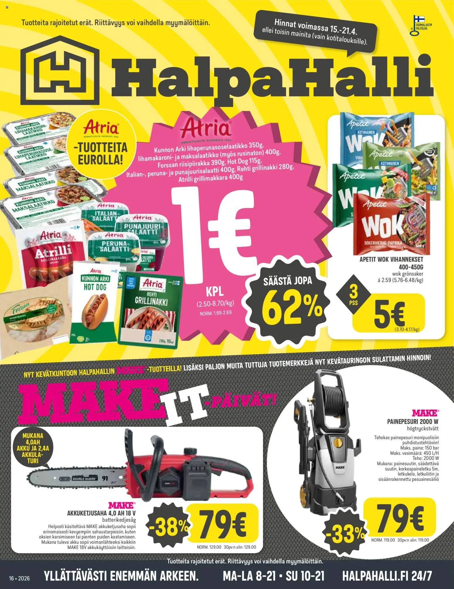 Kaupan Halpa Halli Halpa Halli tarjoukset esikatselu, voimassa 15/04/2026 - Peruna, Salaatti, Voi, Punajuuri, Hot dog, Paprika, Punajuurisalaatti, Grillimakkara