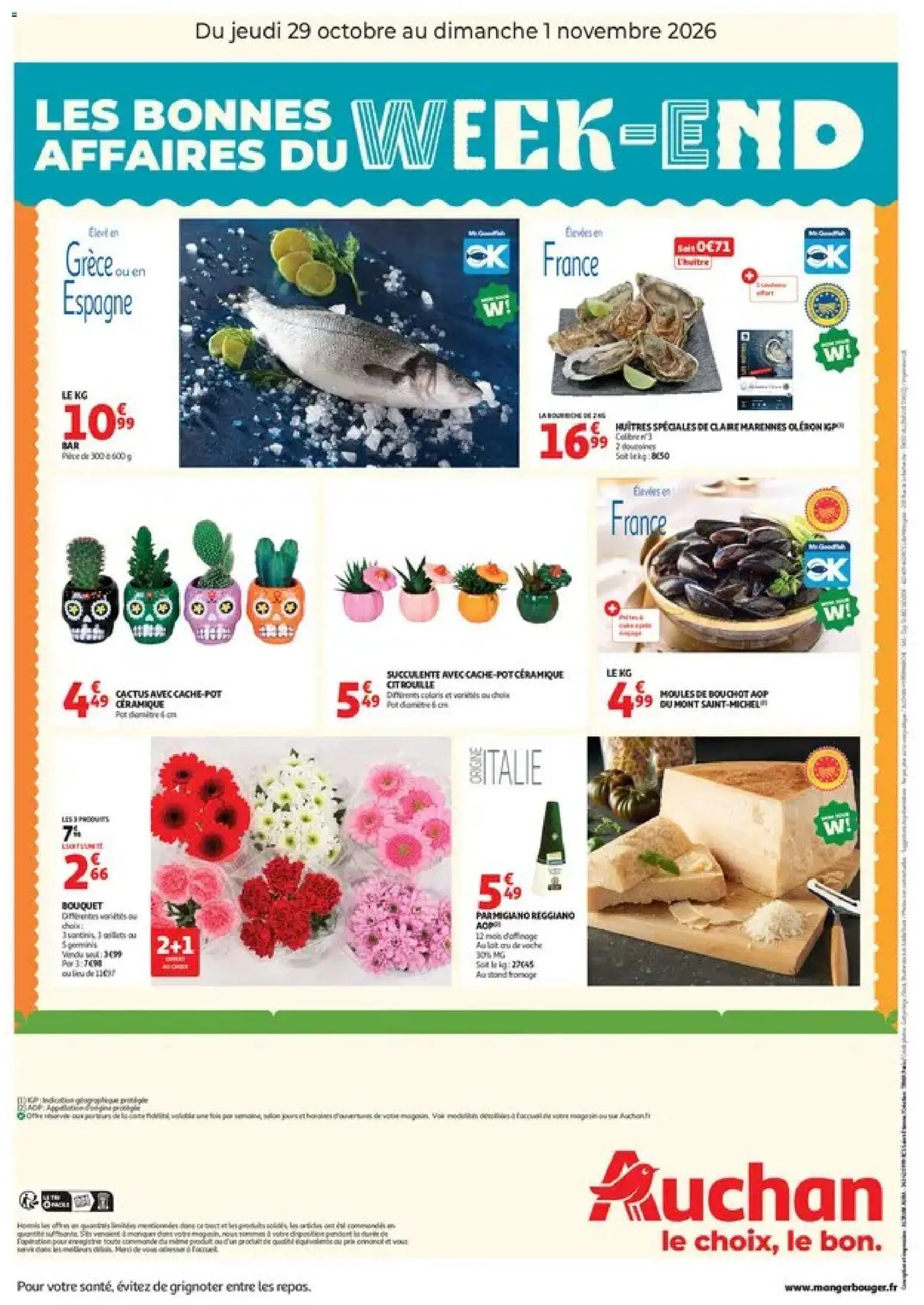 Prévisualisation de Auchan les bons plans du week-end dans votre hyper du magasin Auchan formulaire valide 29/10/2026 - Huîtres, Moules, Lait, Citrouille, Succulente, Moules de bouchot, Parmigiano Reggiano, Cache-pot