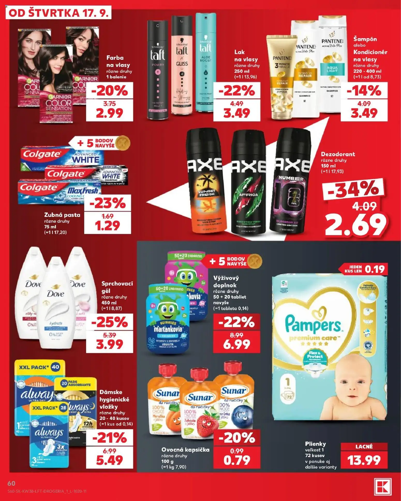 Náhľad Kaufland letáku platného od 17.09.2026 - Tablet, Dezodorant, Pampers, Sunar, Plienky, Šampón, Zubná pasta, Kondicionér