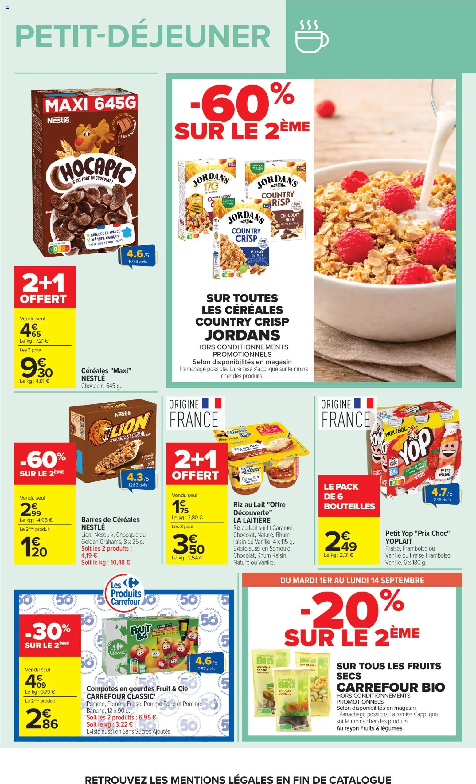 Prévisualisation de Carrefour Market Petit dejeuner du magasin Carrefour Market formulaire valide 01/09/2026 - Parfum, Riz au lait, Noix de cajou, Poire, Vanille, Cacao, Chocolat noir, Mélange De Noix