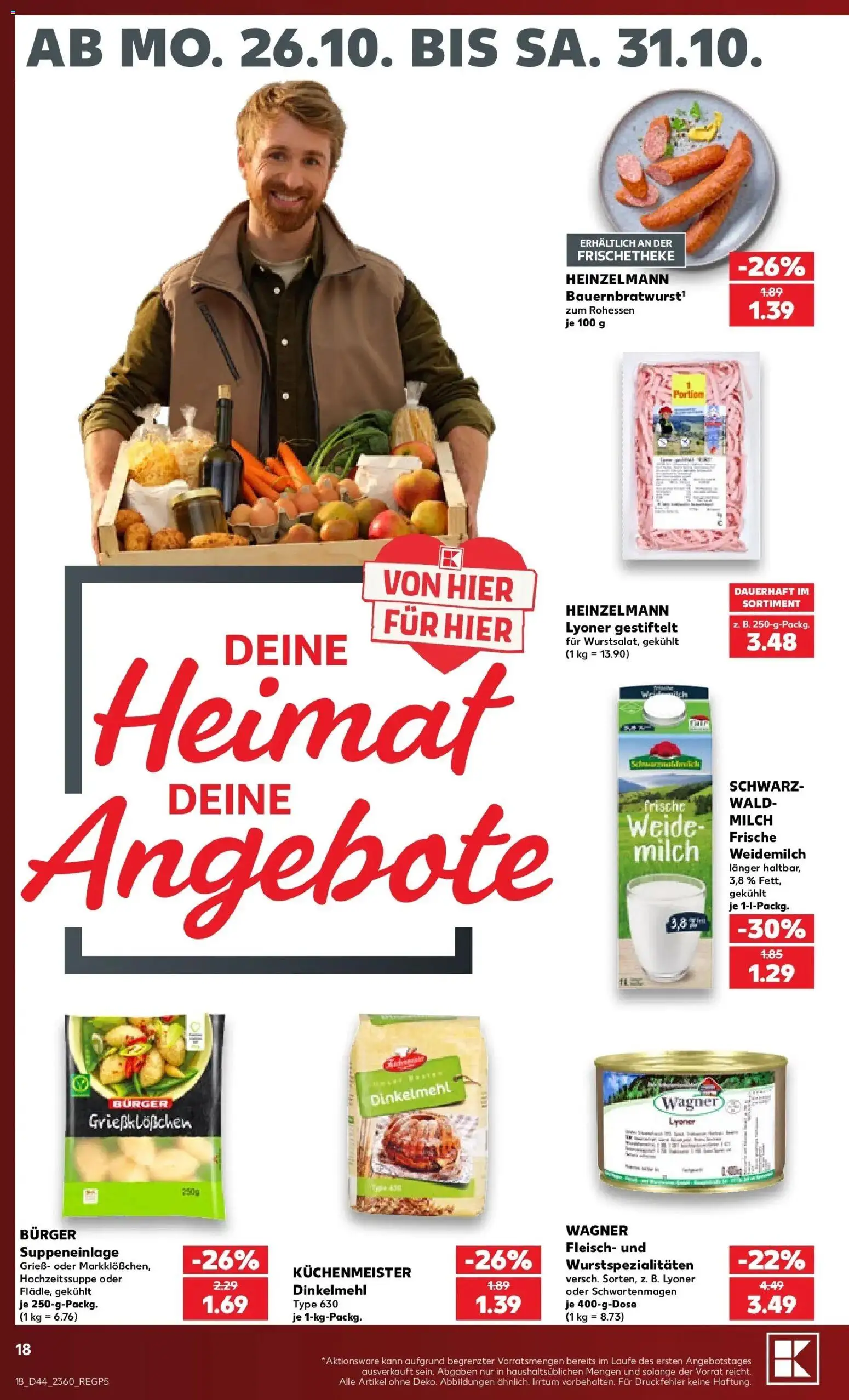 Vorschau von dem Prospekt des Geschäftes Kaufland, gültig ab dem 26.10.2026 - Burger, Milch, Fleisch, Grieß