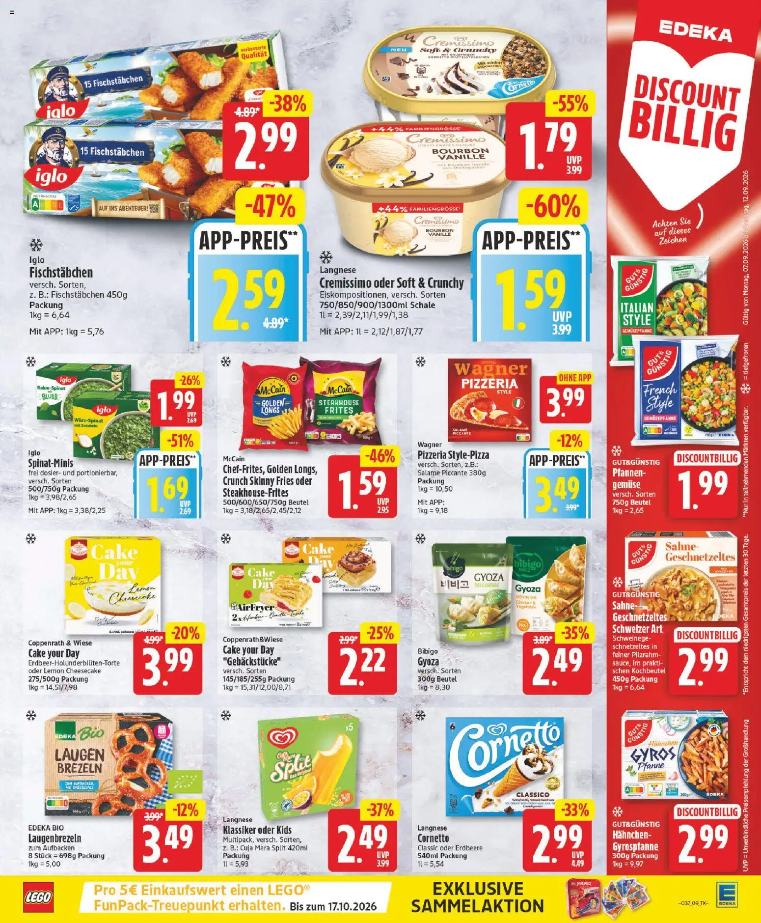 Vorschau von dem Prospekt des Geschäftes Edeka, gültig ab dem 07.09.2026 - Gyros, Gemüse, Vanille, Creme, Bourbon, Langnese, Hahnchen, Fischstabchen