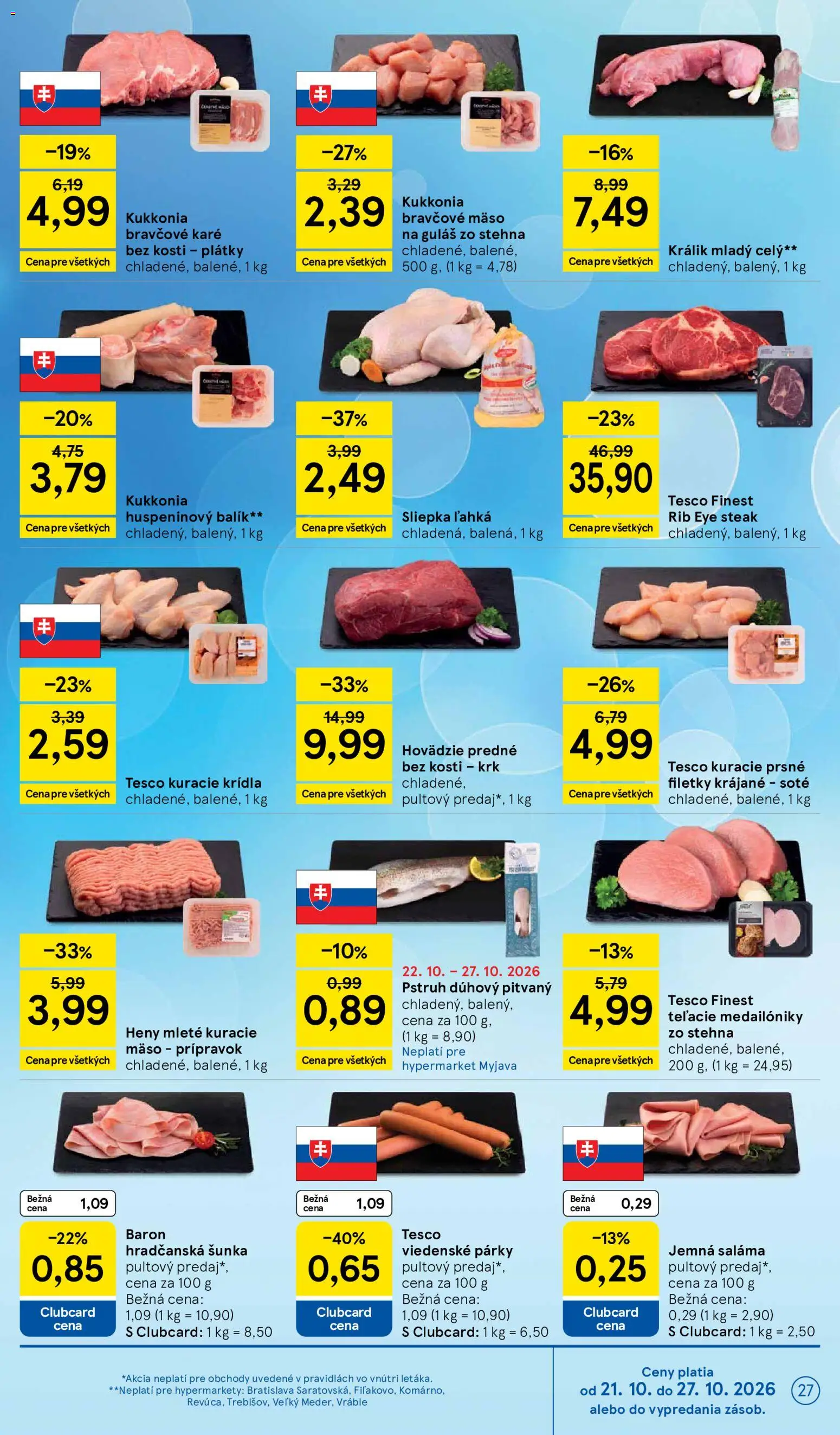 Náhľad Tesco letáku platného od 21.10.2026 - Mäso, Steak, Bravčové karé, Kuracie mäso, Pstruh, Šunka, Bravčové mäso, Saláma