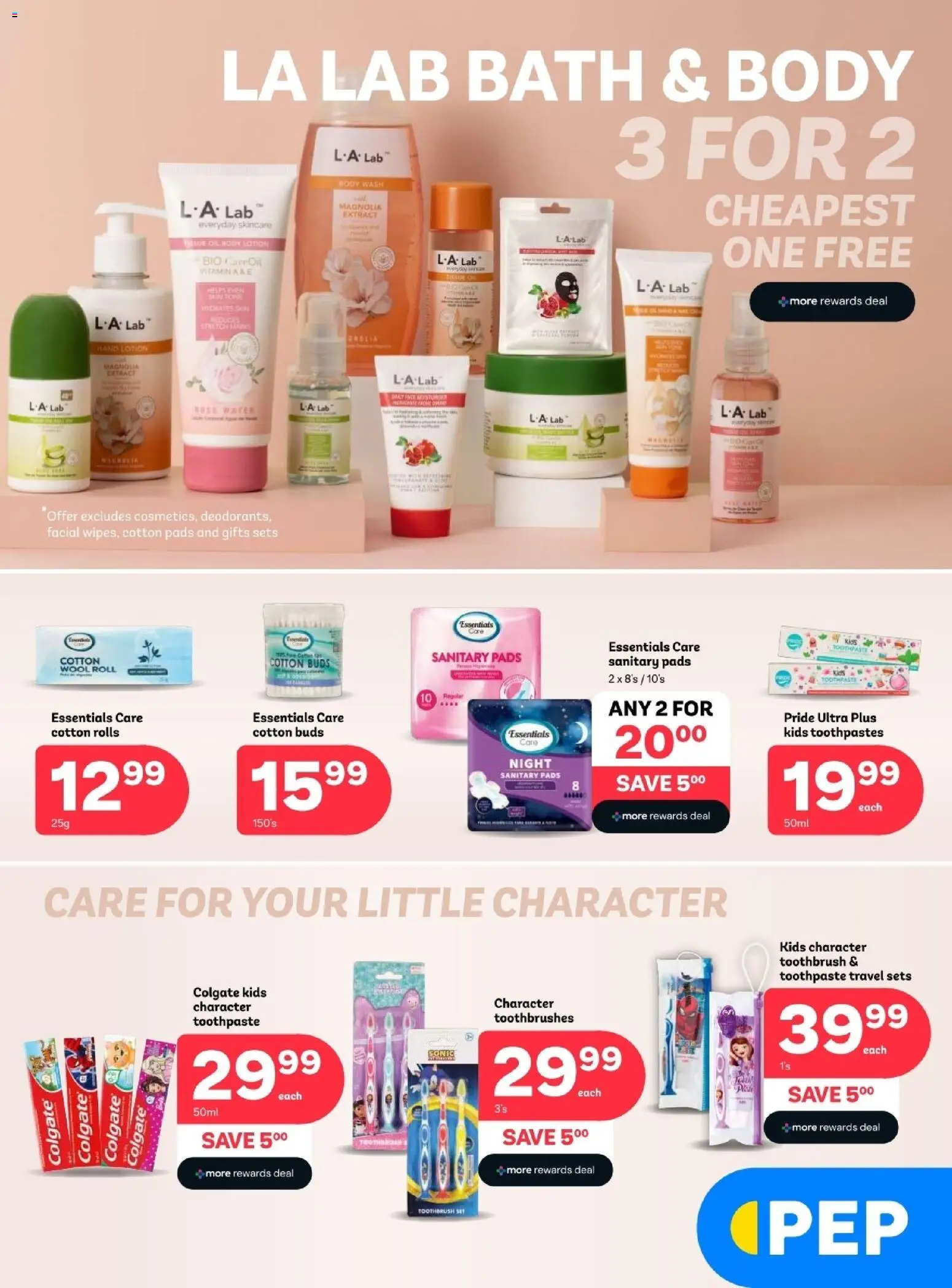 Preview of PEP Stores flyer valid from 25/02/2026 - Water, Pads, Bath, Toothpaste, Toothbrush, Body wash, Lotion, Cotton buds