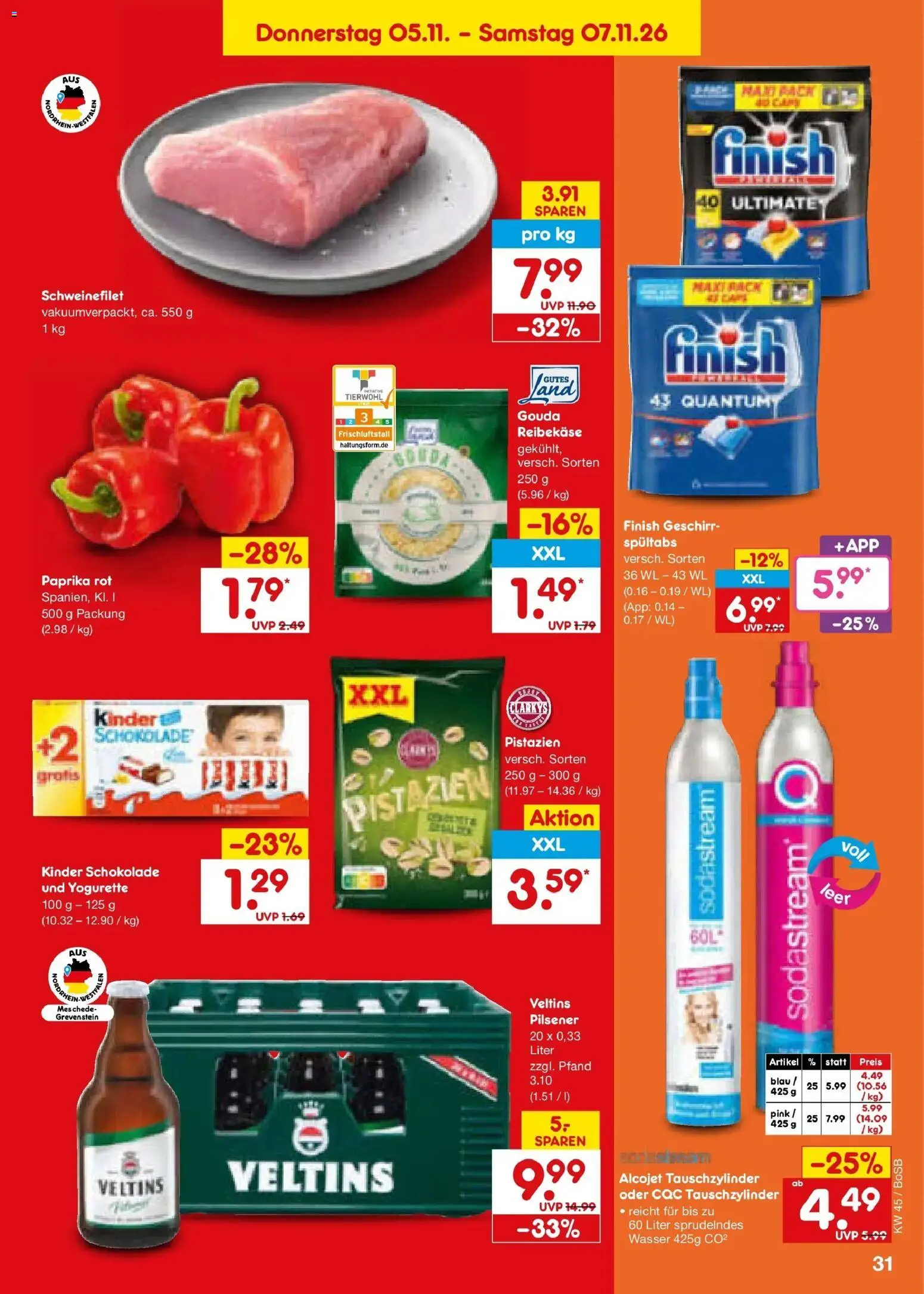 Vorschau von dem Prospekt des Geschäftes Netto Marken-Discount, gültig ab dem 02.11.2026 - Wasser, Sodastream, Pistazien, Paprika, Yogurette, Gouda, Finish, Kinder schokolade