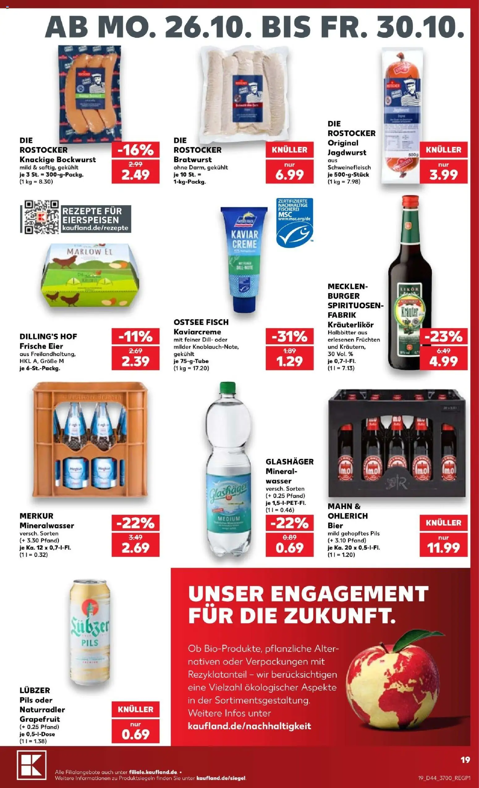 Vorschau von dem Prospekt des Geschäftes Kaufland, gültig ab dem 26.10.2026 - Burger, Bier, Mineralwasser, Eier, Dill, Creme, Schweinefleisch, Lubzer