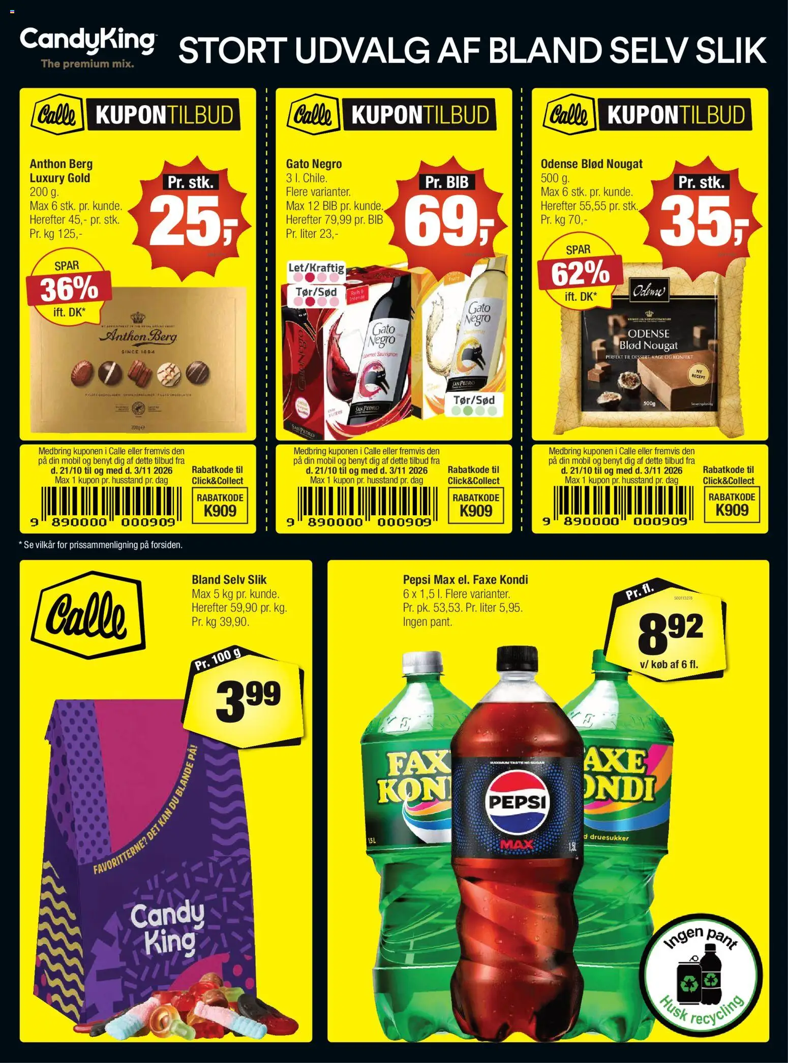 Eksempel på tilbudsavis Calle - Danske kupontilbud fra butik Calle gyldig fra 21/10/2026 - Slik, Faxe Kondi, Pepsi Max, Pepsi, Nougat