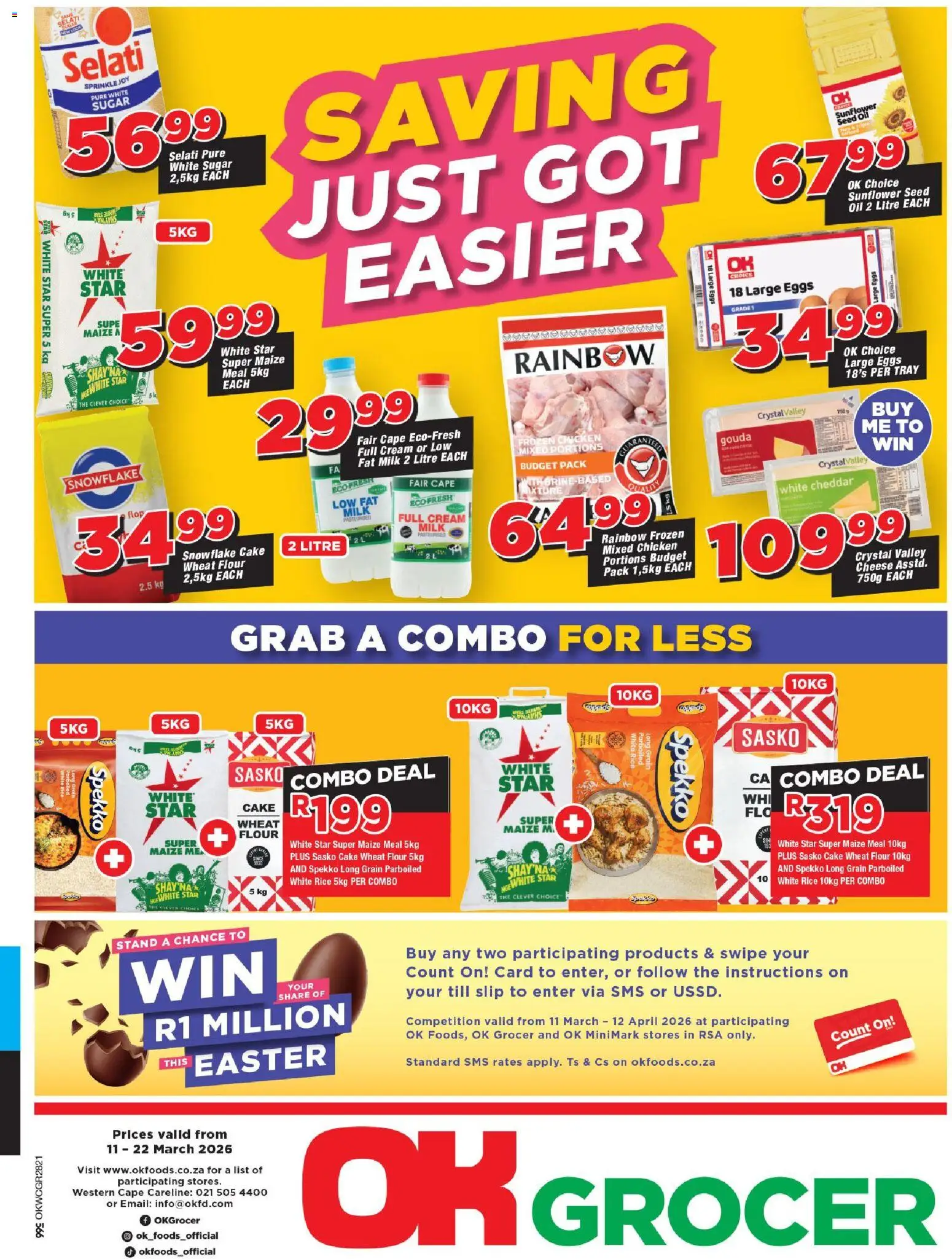 Preview of OK Foods flyer valid from 11/03/2026 - Cake, Chicken, Cheese, Oil, Rice, Cream, Maize meal, Tray