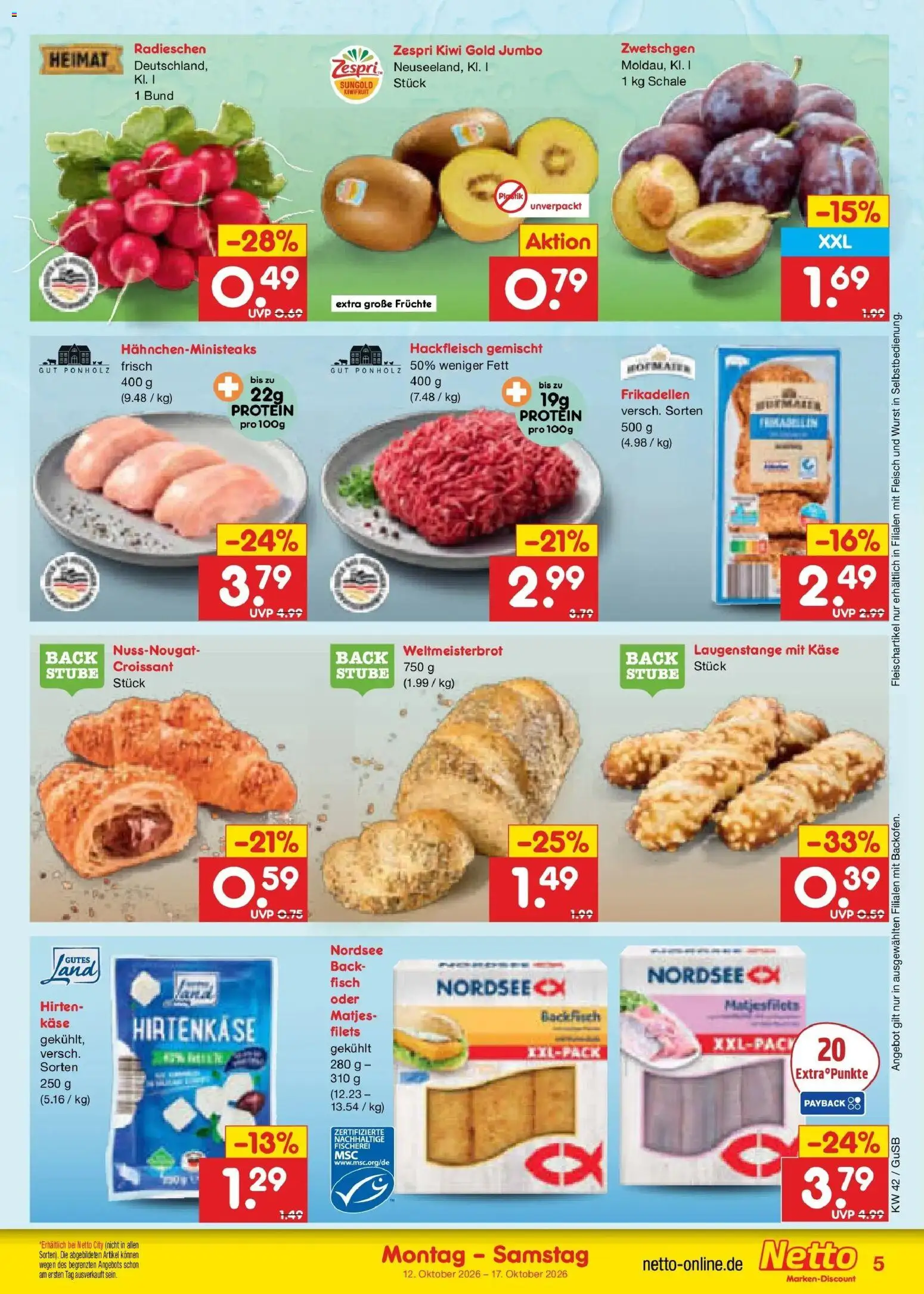 Vorschau von dem Prospekt des Geschäftes Netto Marken-Discount, gültig ab dem 12.10.2026 - Käse, Fisch, Wurst, Croissant, Kiwi, Fleisch, Hackfleisch, Zwetschgen