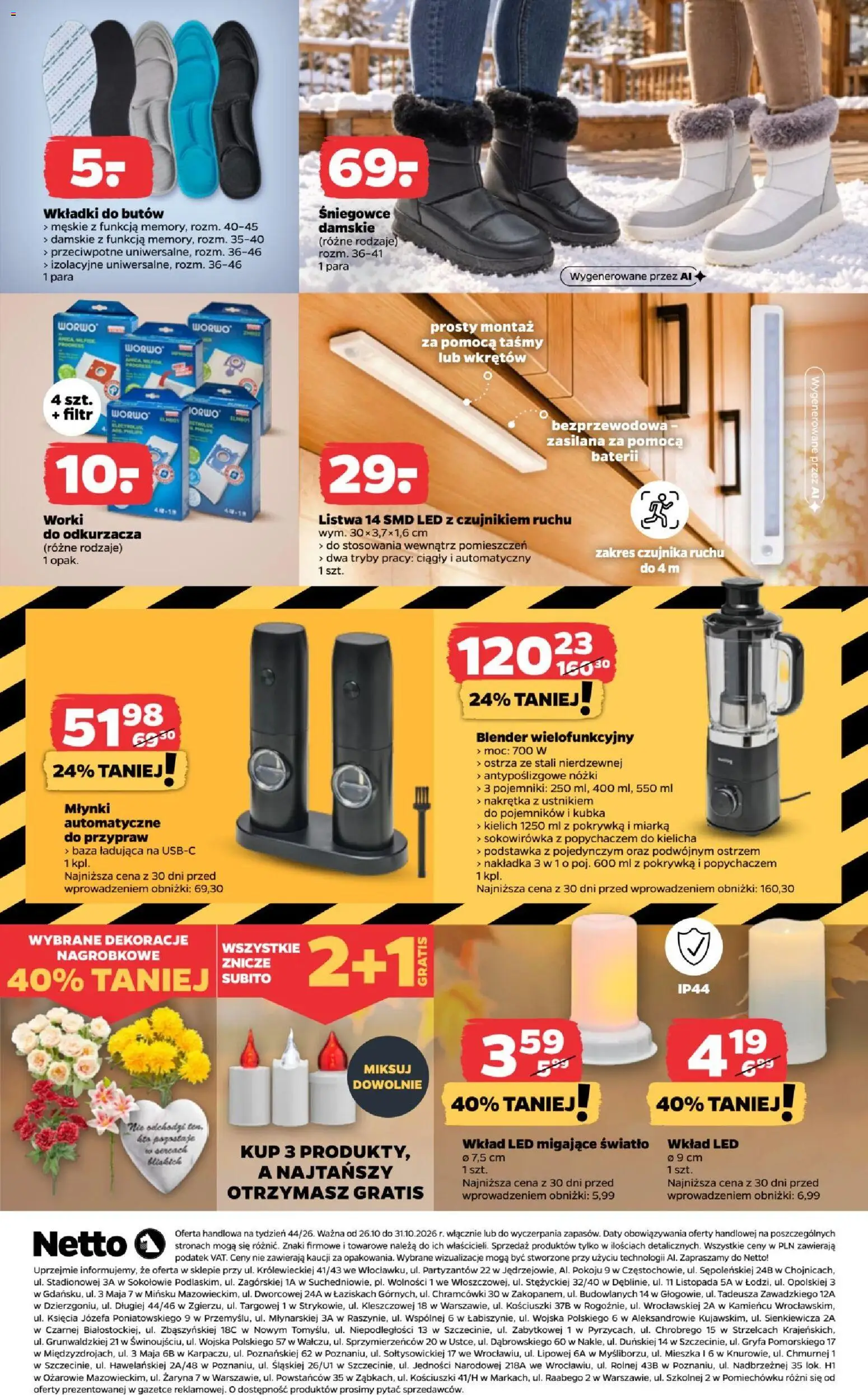 Pogląd gazetki "Netto gazetka od poniedziałku NonFood" ze sklepu Netto ważnej od 26.10.2026 - Śniegowce damskie, Blender, Znicze, Śniegowce, Wkładki do butów, Worki do odkurzacza, Cleaner, Dekoracje