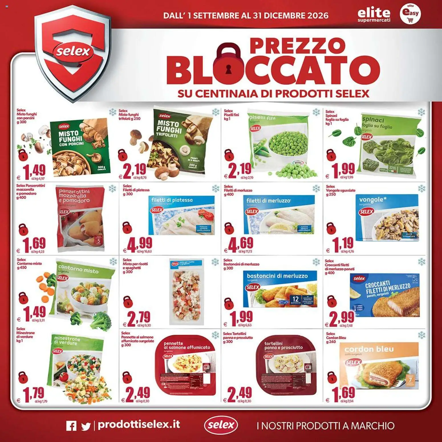 Anteprima dell'opuscolo Elite Supermercati volantino Spesa Difesa Selex dal negozio Elite Supermercati valido da 01/09/2026 - Funghi, Pomodoro, Piselli, Salmone, Verdure, Minestrone, Panna, Pennette