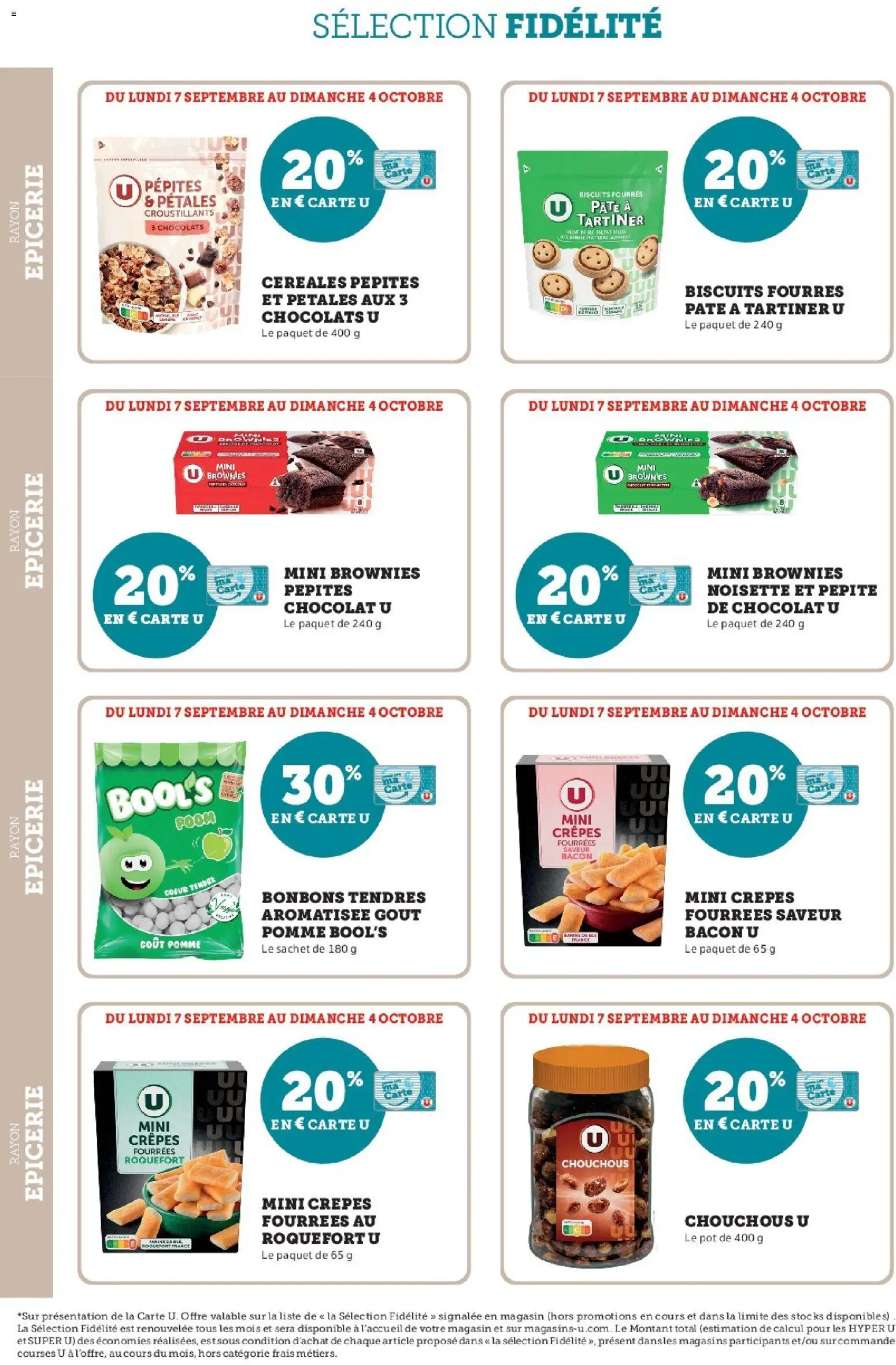 Prévisualisation de Super U - Ma sélection Carte U Septembre du magasin Super U formulaire valide 07/09/2026 - Chocolat, Brownies, Bonbons, Pomme, Pâte, Biscuits, Céréales, Bacon