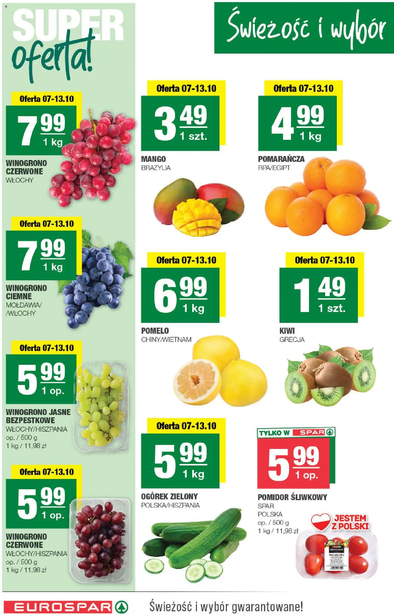 Pogląd gazetki "Spar gazetka - Eurospar" ze sklepu Spar ważnej od 07.10.2026 - Mango, Kiwi, Pomelo, Pomidor, Ogórek, Winogrono, Pomidor śliwkowy