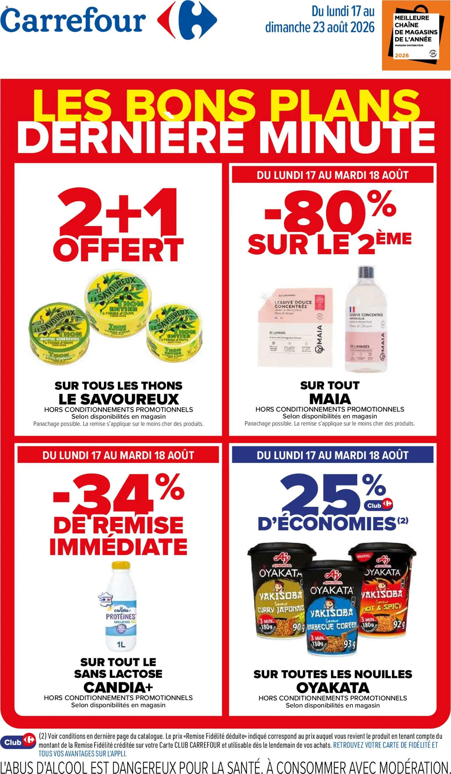 Prévisualisation de Carrefour Les bons plans de dernière minute du magasin Carrefour formulaire valide 17/08/2026 - Distributeur, Boisson, Nouilles, Lessive, Candia, Détergent, Nouilles instantanées, Boisson lactee
