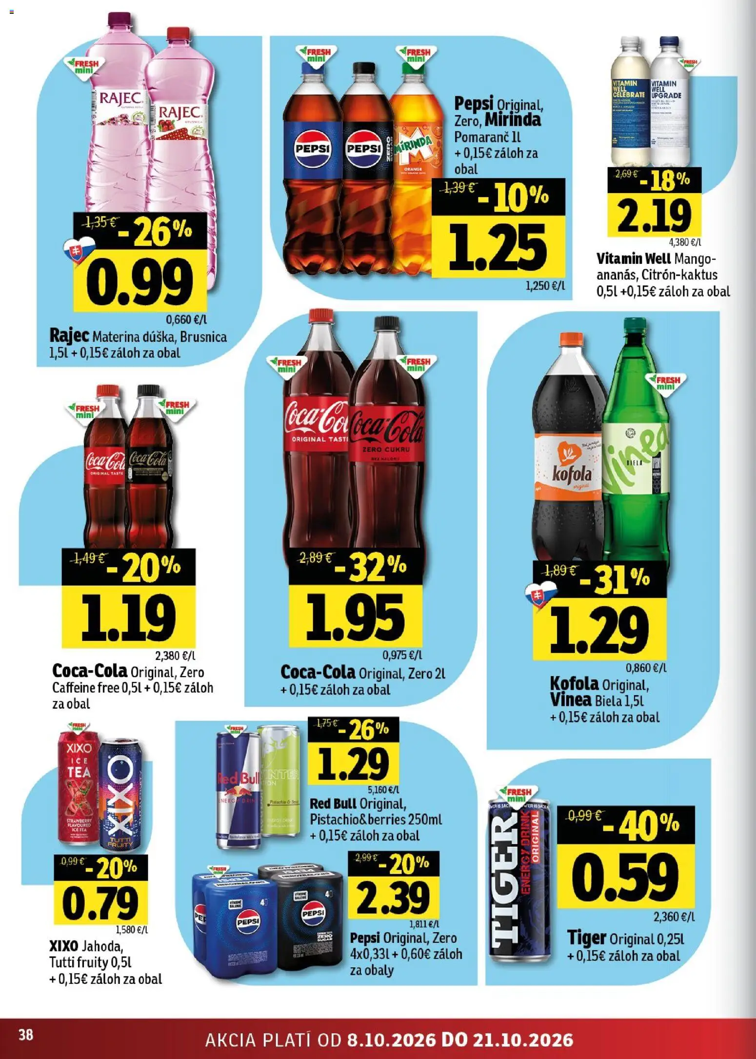 Náhľad Fresh letáku platného od 08.10.2026 - Mango, Rajec, Red Bull, Coca cola, Pepsi, Vinea, Cola, Mirinda