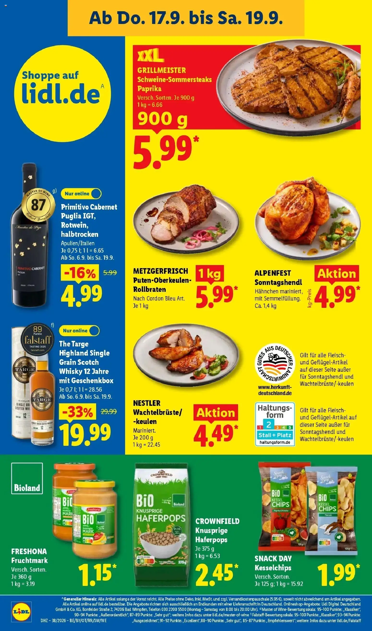 Vorschau von dem Prospekt des Geschäftes Lidl, gültig ab dem 14.09.2026 - Chips, Telefon, Bad, Whisky, Fleisch, Paprika, Hahnchen