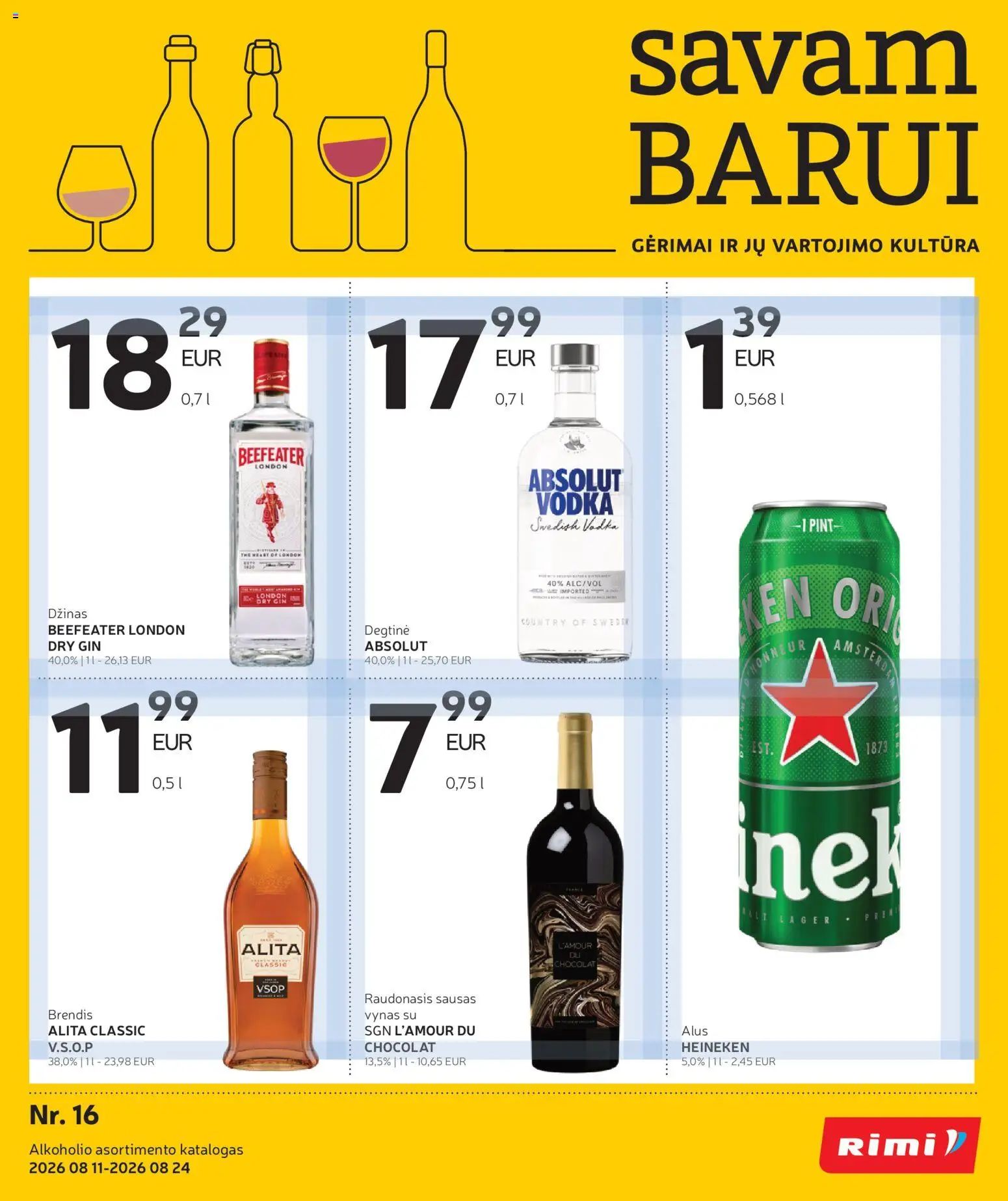 Rimi parduotuvės leidinio Rimi leidinys - Alkoholinių gėrimų galiojančio nuo 2026.08.11 peržiūra - Alus, Vynas, Degtinė, Džinas