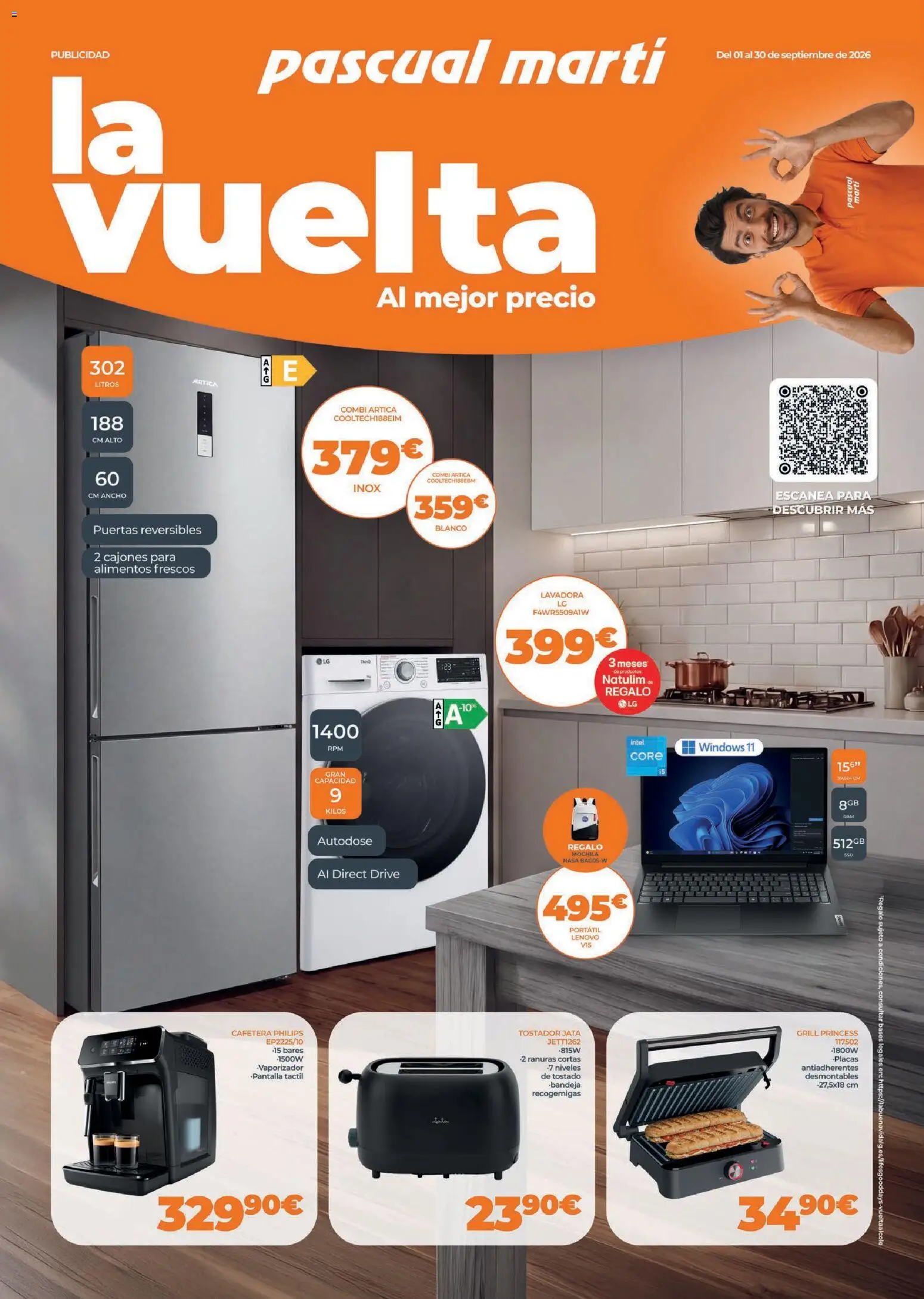 Vista previa del folleto de la tienda Pascual Martí válido desde el 01/09/2026 - Lavadora, Cafetera, Tostador, Alimentos, Puertas, Portátil Lenovo, Bandeja, Combi