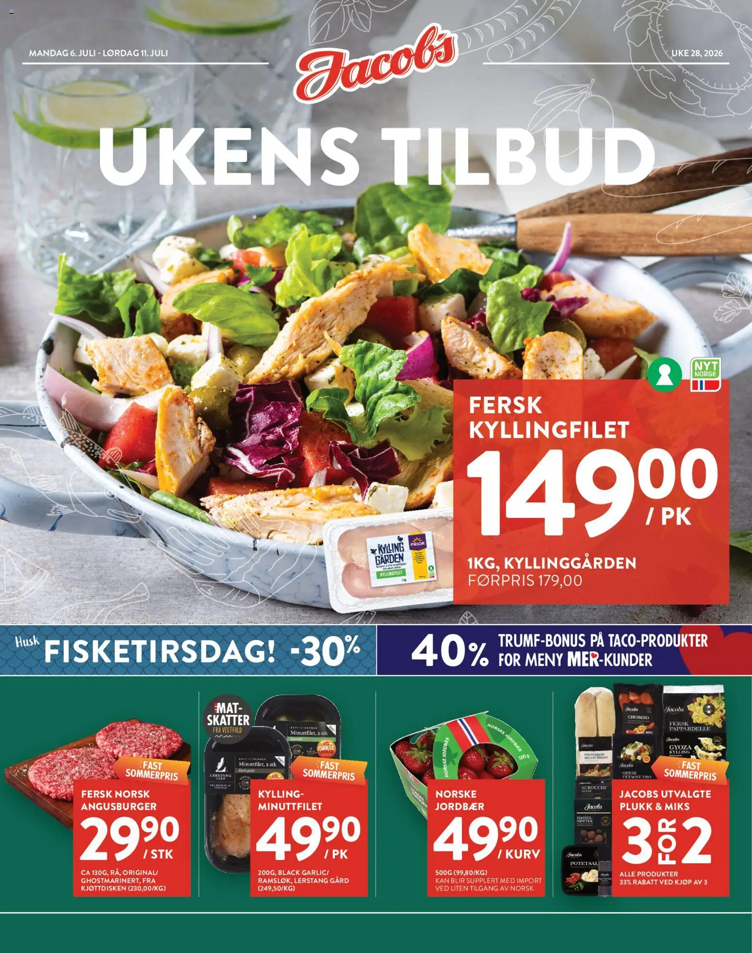 Forhåndsvis Jacobs kundeavis fra butikk Jacobs gyldig fra 06/07/2026 - Husk, Jacobs utvalgte, Kylling, Jordbær, Fetaost, Nøtter, Kyllingfilet, Kurv
