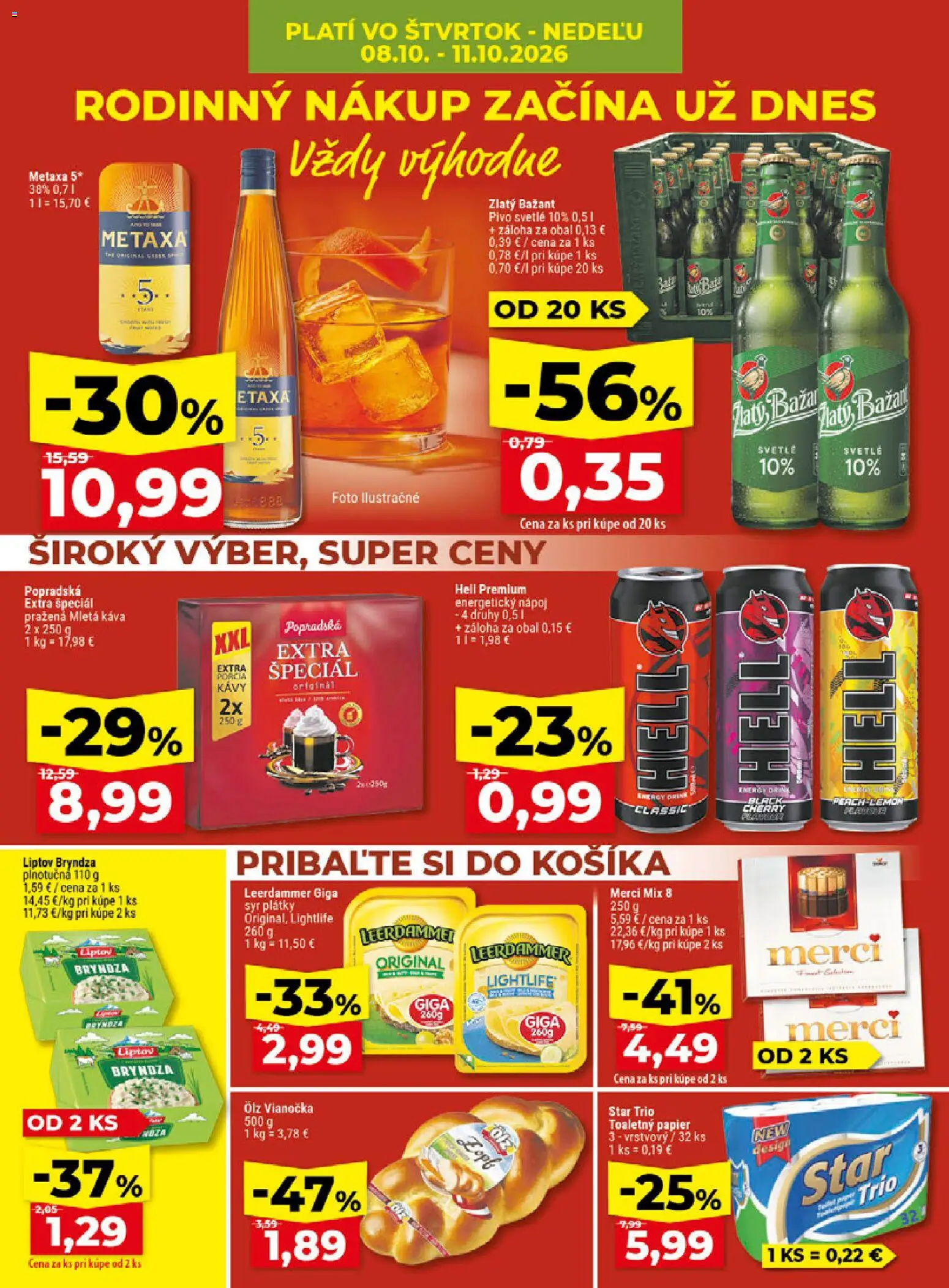 Náhľad Klas letáku platného od 05.10.2026 - Káva, Pivo, Syr, Bryndza, Metaxa, Toaletný papier, Mletá káva, Metaxa 5*