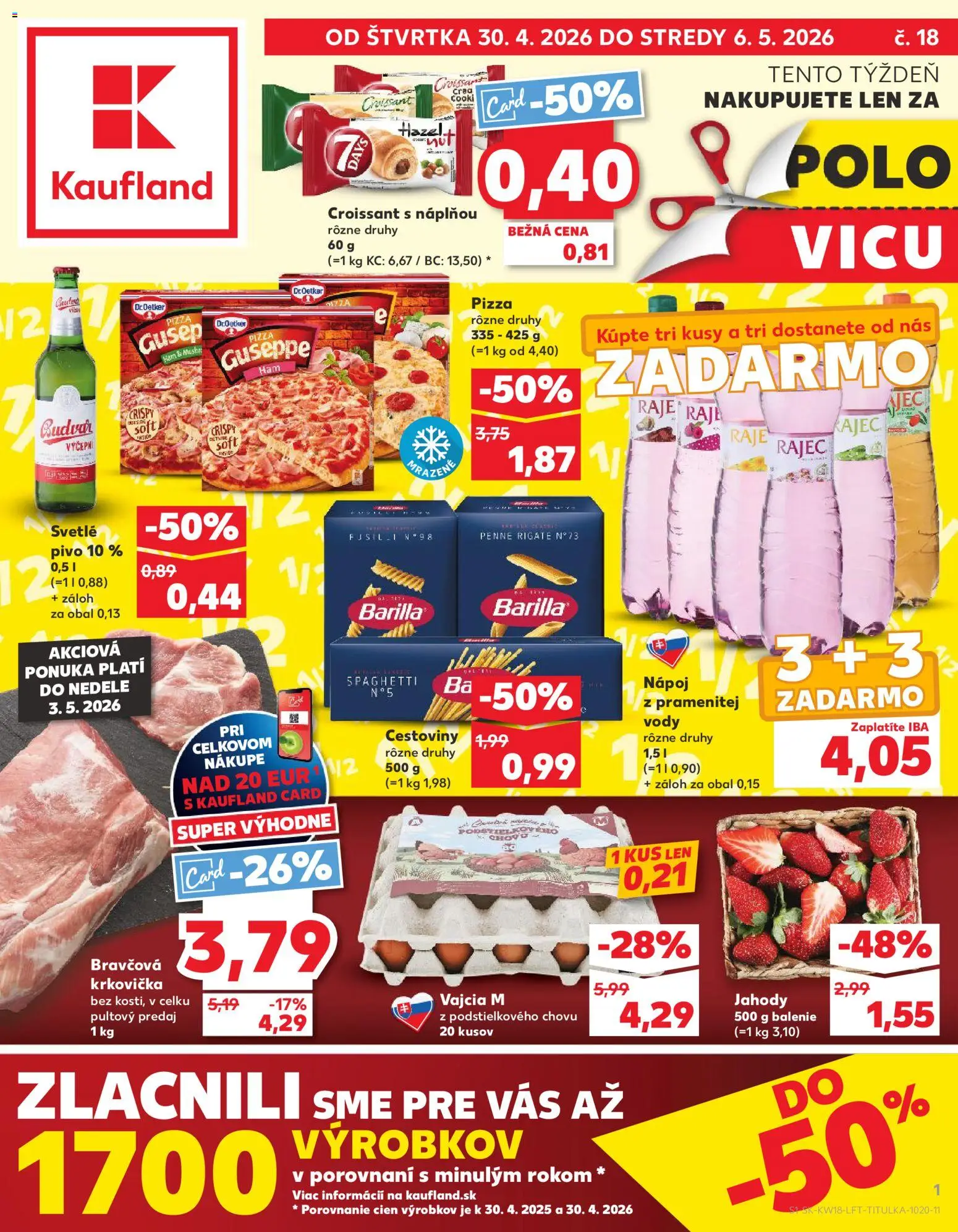 Náhľad Kaufland letáku platného od 30.04.2026 - Rajec, Croissant, Jahody, Vajcia, Budvar, Barilla, Cestoviny Barilla, Vajcia M