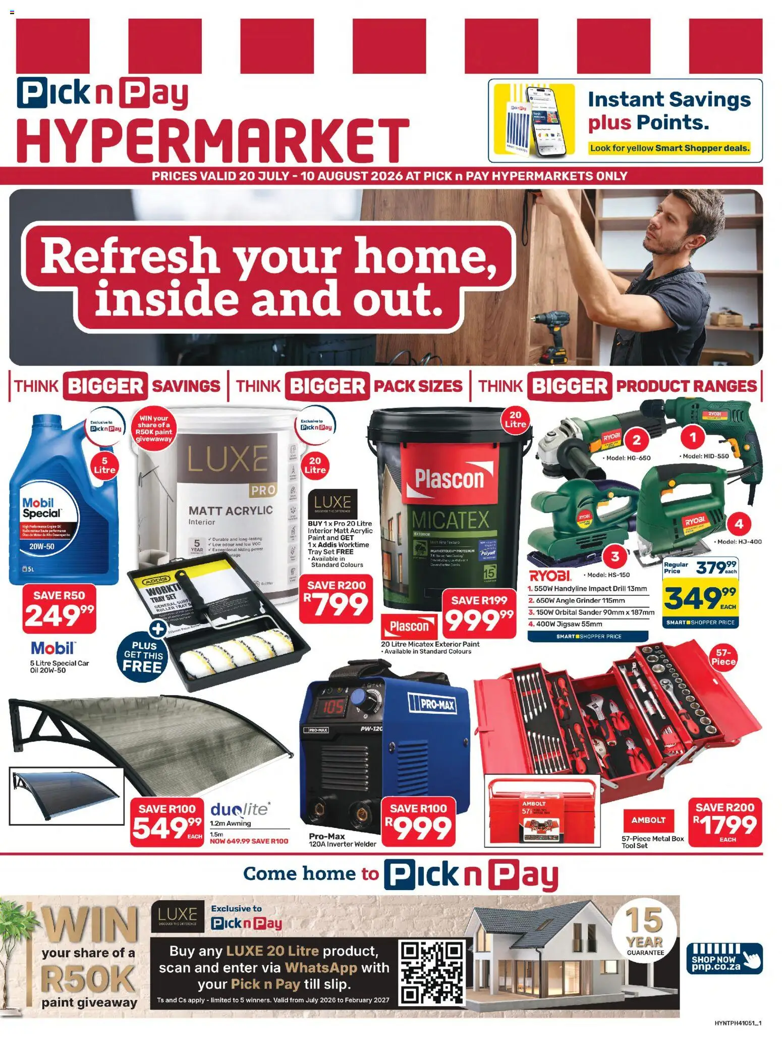 Preview of Pick n Pay flyer valid from 20/07/2026 - Paint, Grinder, Box, Oil, Jigsaw, Drill, Angle grinder, Tray