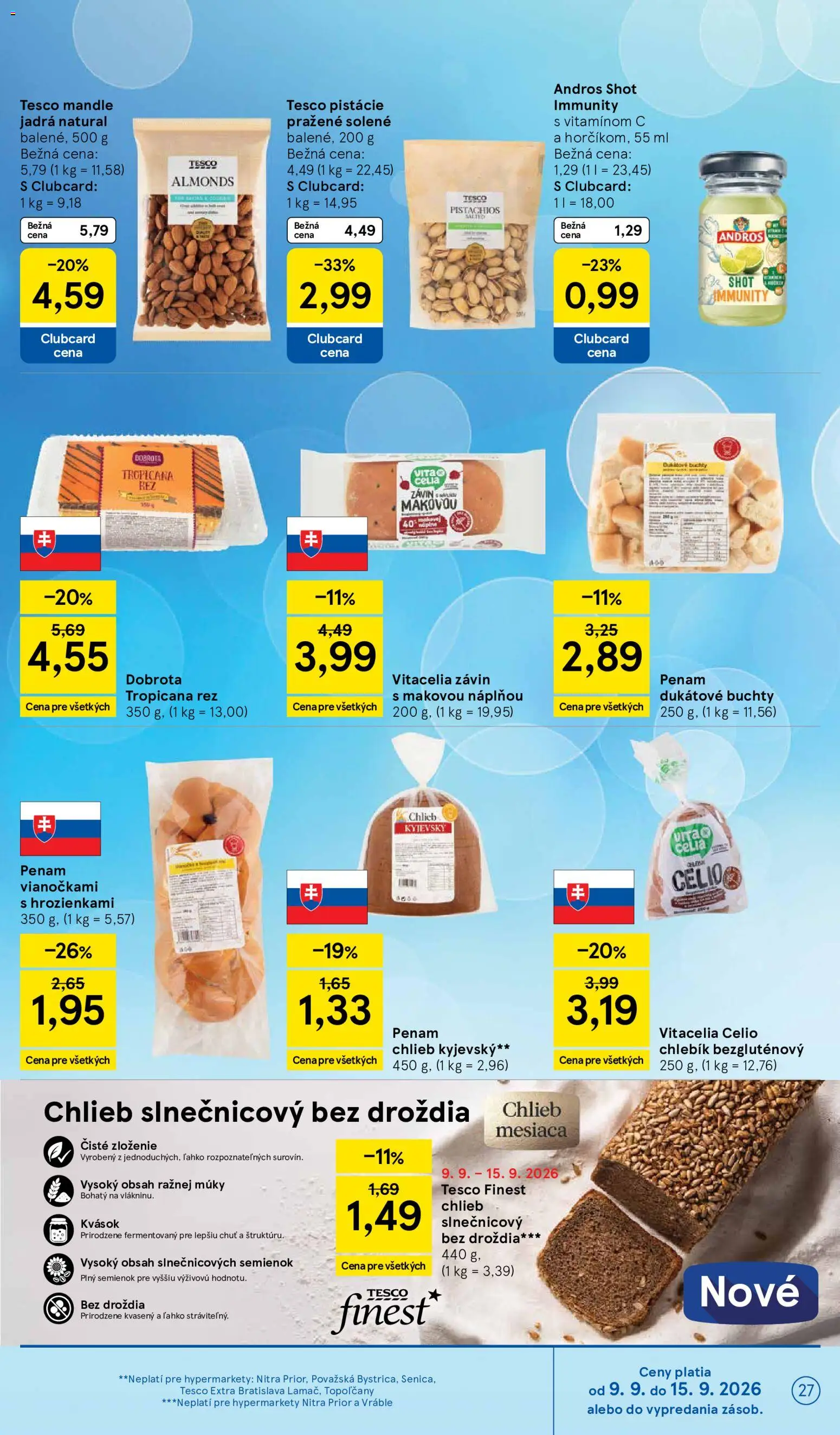 Náhľad Tesco letáku platného od 09.09.2026 - Chlieb, Mandle, Závin, Pistácie