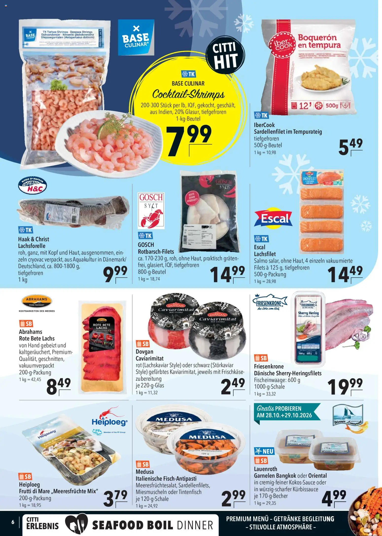 Vorschau von dem Prospekt des Geschäftes CITTI Markt, gültig ab dem 28.10.2026 - Fisch, Garnelen, Lachs, Tintenfisch, Hering, Creme, Frischkase