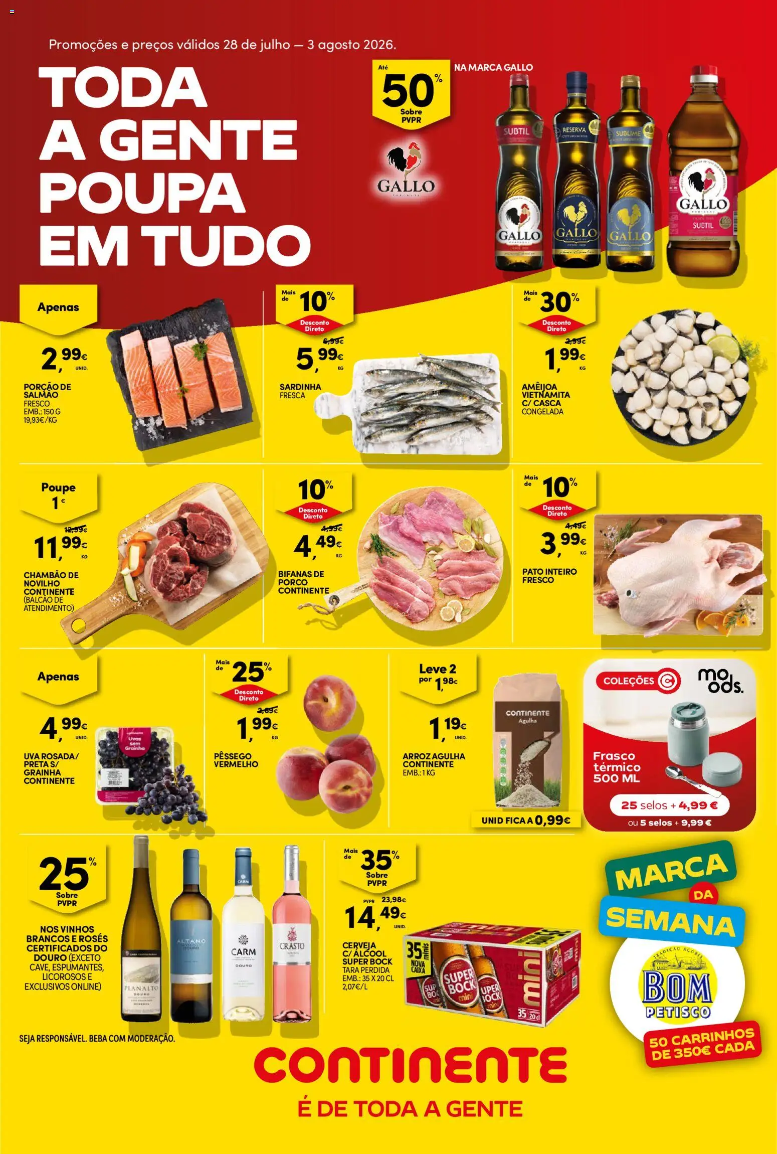 Pré-visualização do folheto da loja Continente válida a partir de 28/07/2026 - Cerveja, Super bock, Arroz, Pato, Álcool, Salmão