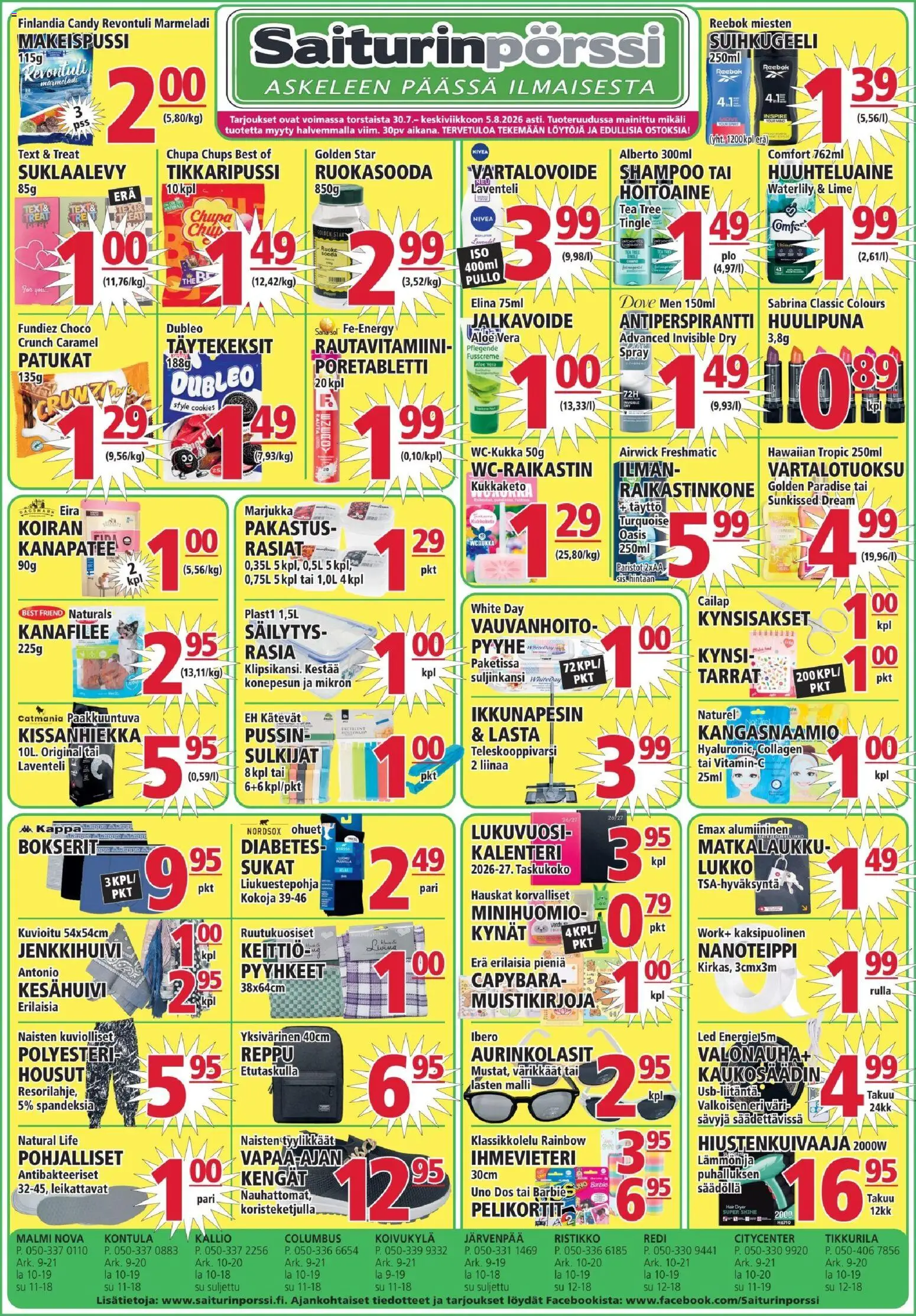 Kaupan Saiturinpörssi Saiturinpörssi tarjoukset esikatselu, voimassa 30/07/2026 - Matkalaukku, Keittiö, Aurinkolasit, Housut, Pelikortit, Antiperspirantti, Pyyhkeet, Hoitoaine