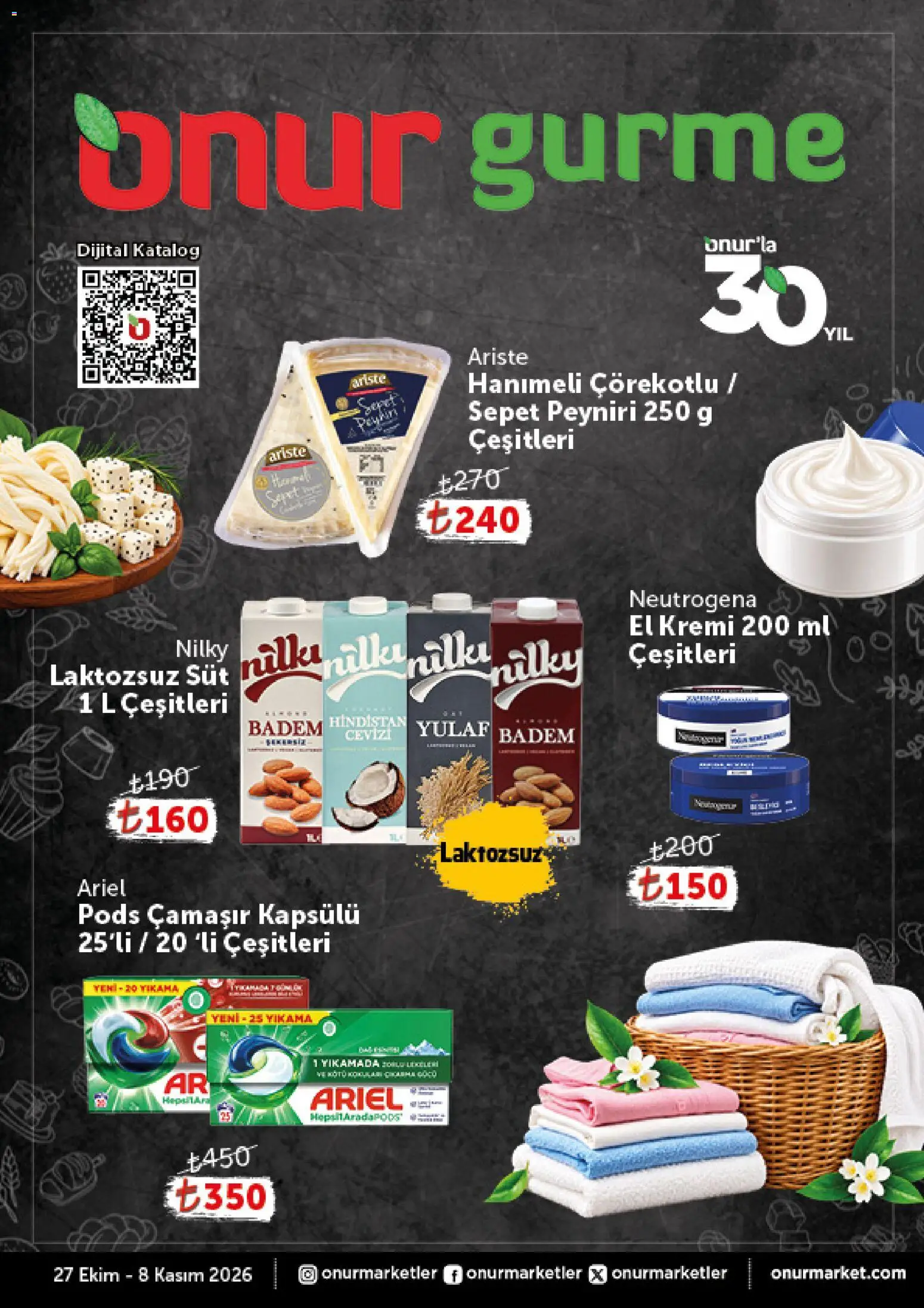 Onur Market Onur Market - Katalog Gurme 27.10.2026 - Broşürünün önizlemesi - Süt, Yulaf, Badem, Sepet, El kremi