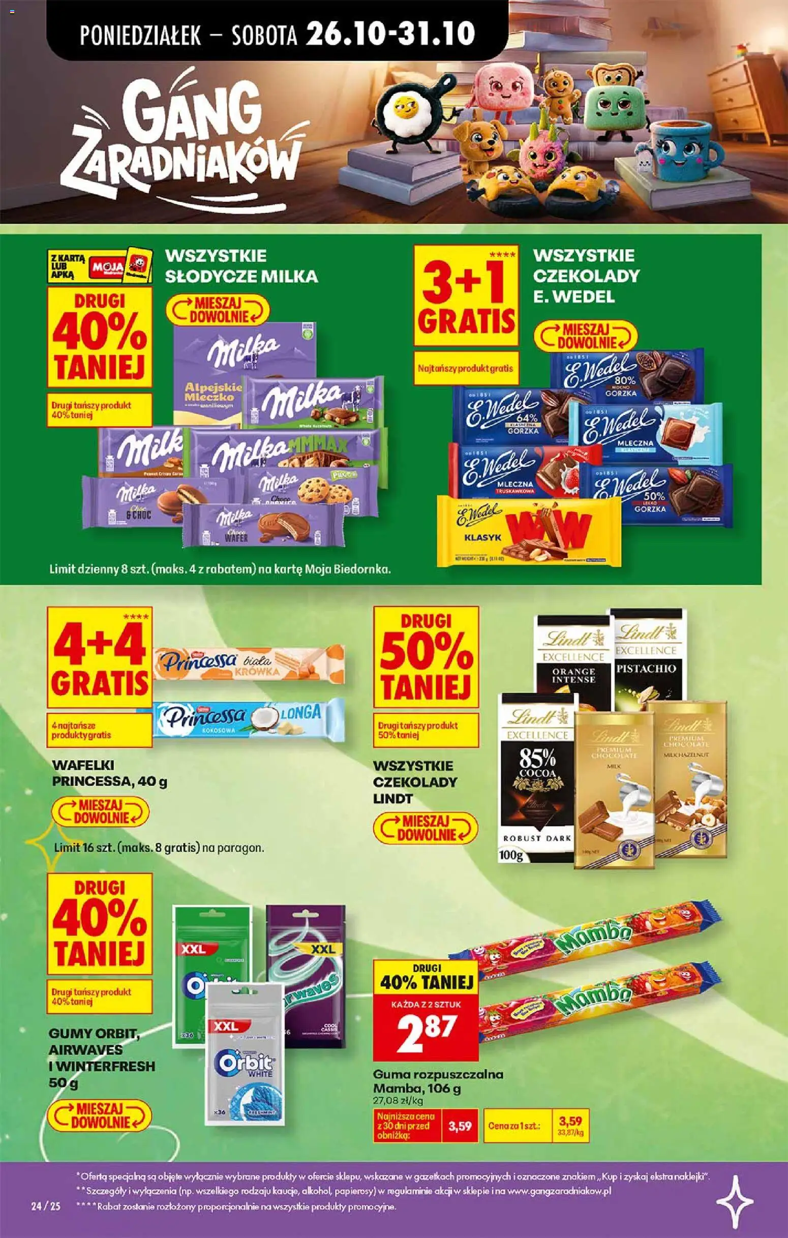 Pogląd gazetki "Biedronka gazetka - Gang zaradniaków" ze sklepu Biedronka ważnej od 26.10.2026 - Czekolady, Lindt, Słodycze, Milka, Karta, Gumy, Gumy Orbit, Krowka