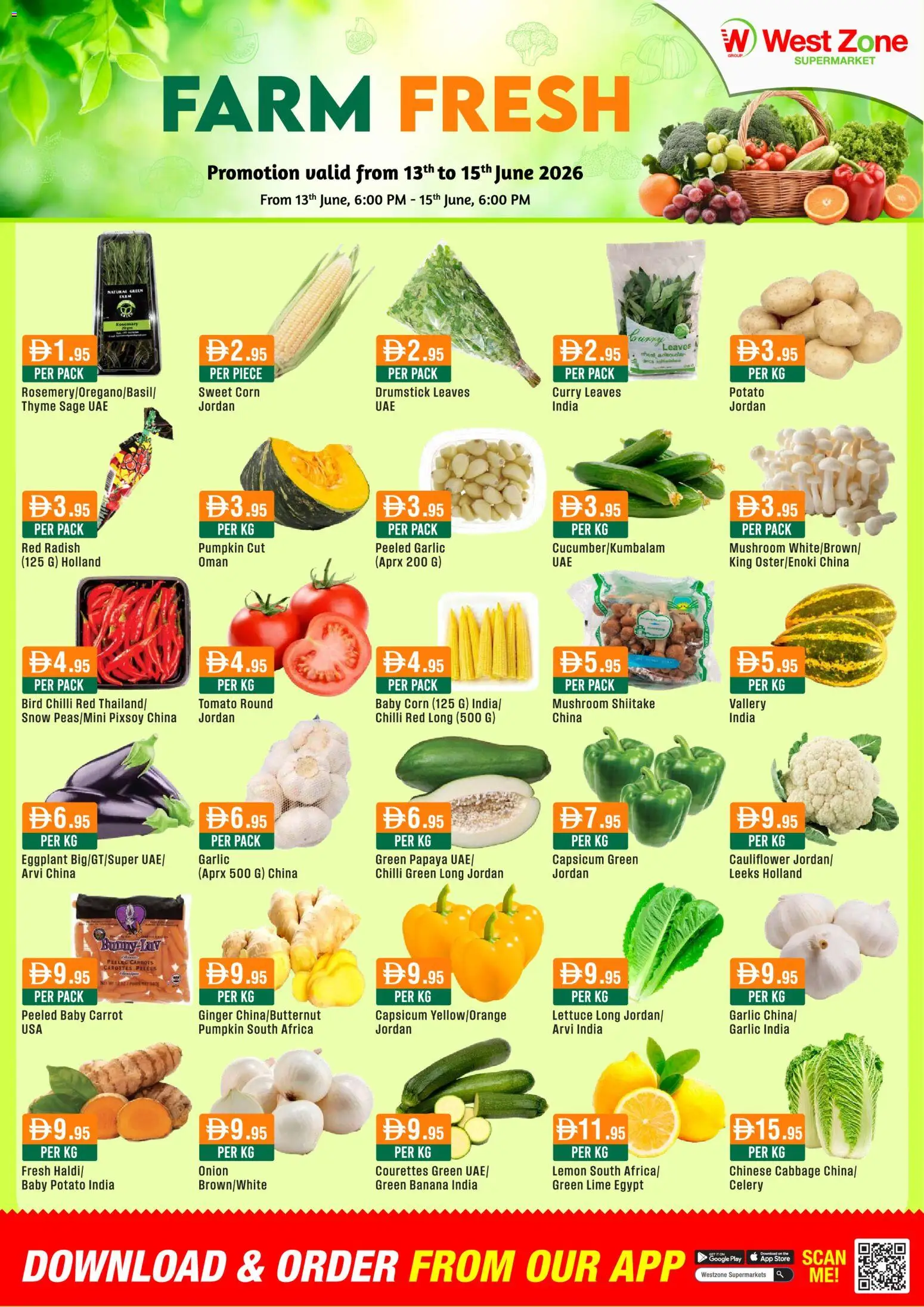 Preview of the catalogue Westzone Supermarket catalogue of store Westzone Supermarket valid from 13 Jun, 2026 - Banana, Eggplant, Lettuce, Cauliflower, Corn, Lemon, Garlic, Chilli