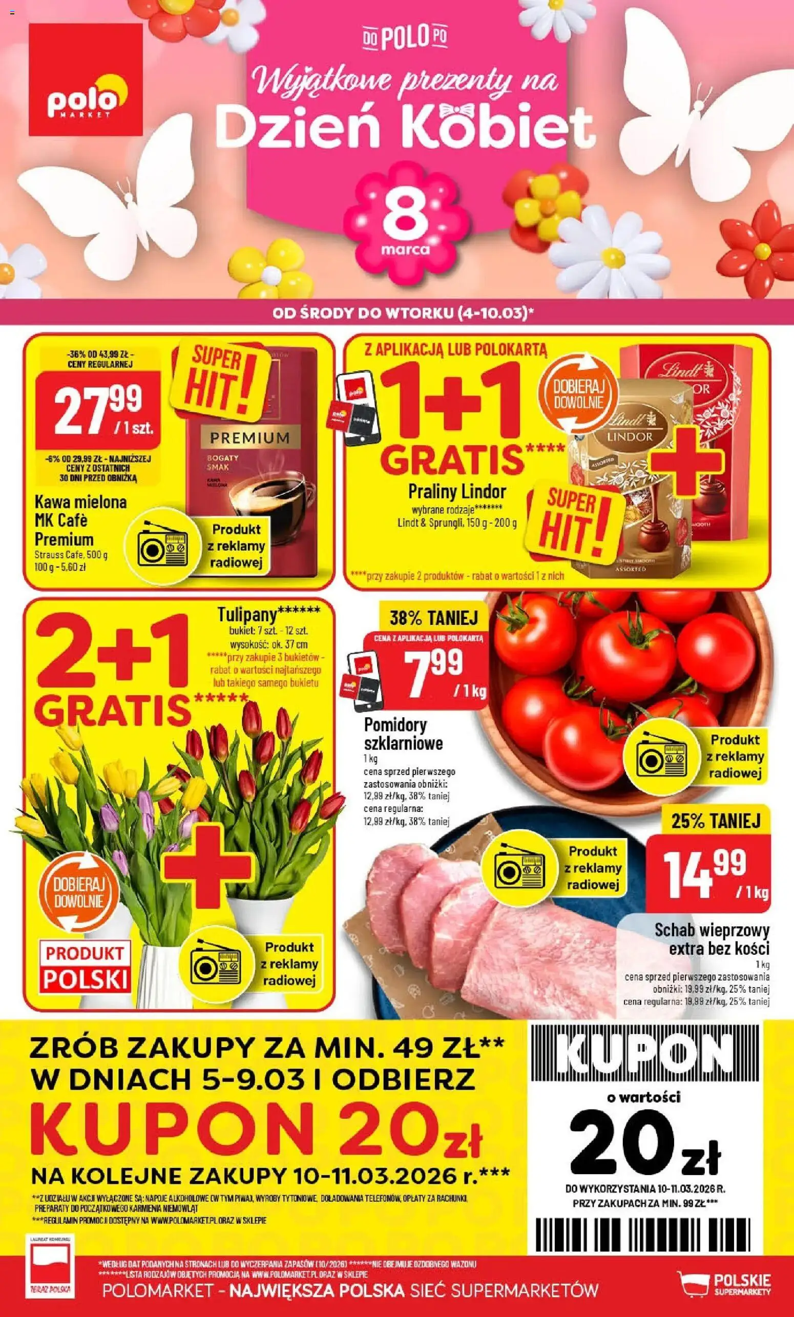 Pogląd gazetki "POLOmarket gazetka" ze sklepu POLOmarket ważnej od 04.03.2026 - Kawa, Lindt, Tulipany, Pomidory, Kawa mielona, Praliny, Napoje, Schab wieprzowy