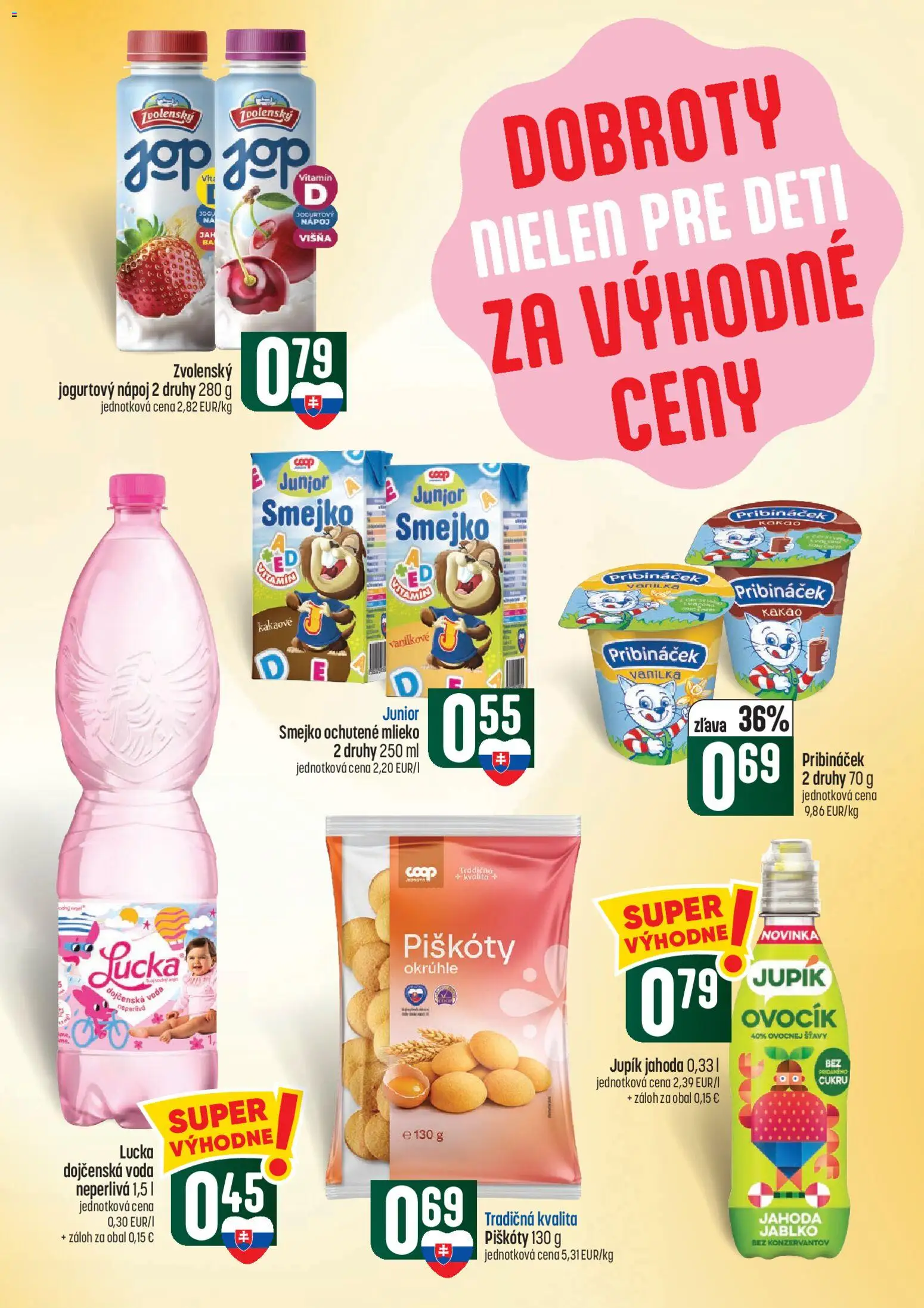 Náhľad COOP Jednota letáku platného od 01.10.2026 - Voda, Mlieko, Kakao, Vanilka, Lucka, Piškóty, Dojčenská voda