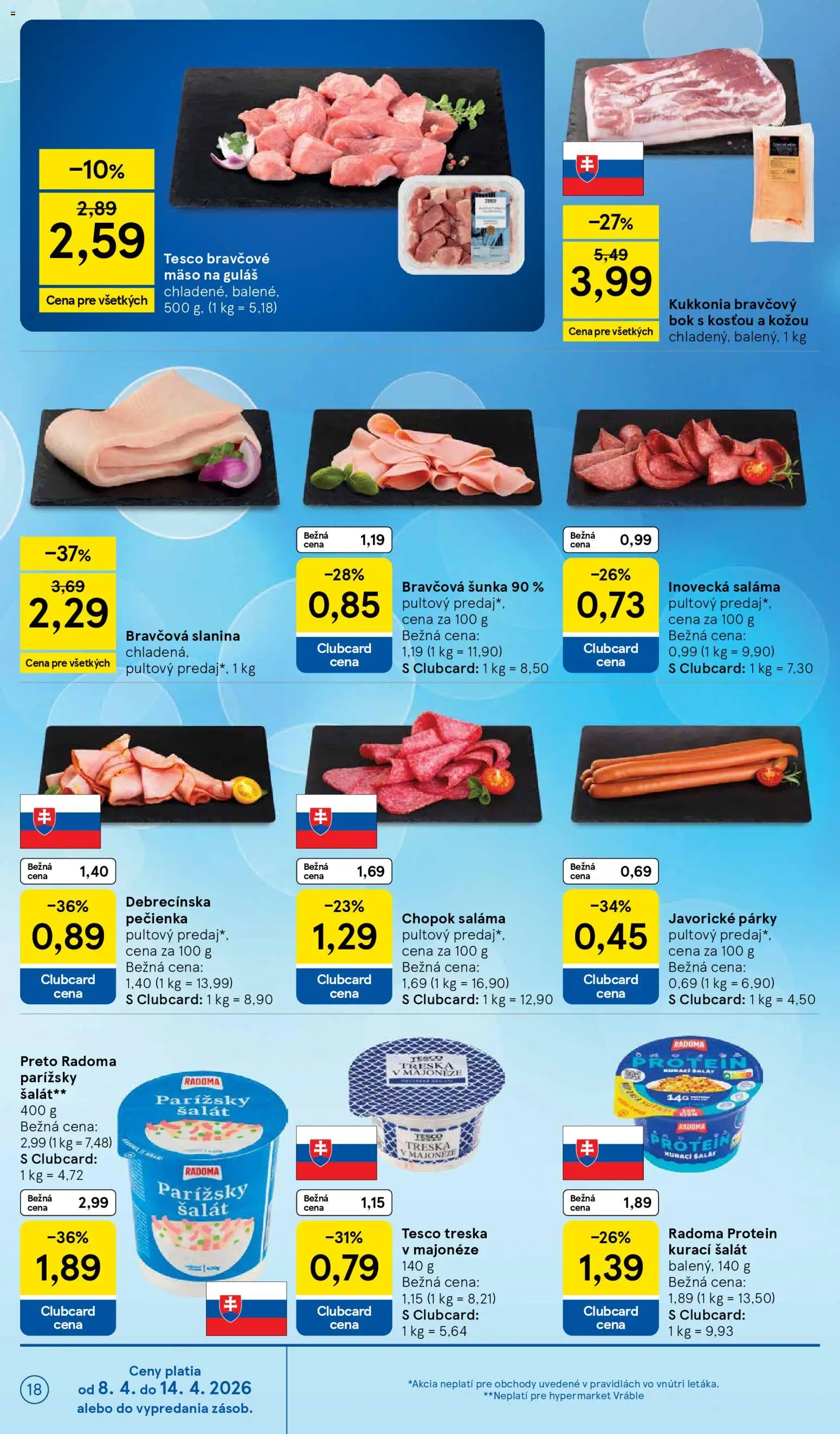 Náhľad Tesco letáku platného od 08.04.2026 - Mäso, Protein, Šalát, Šunka, Slanina, Párky, Bravčové mäso, Saláma