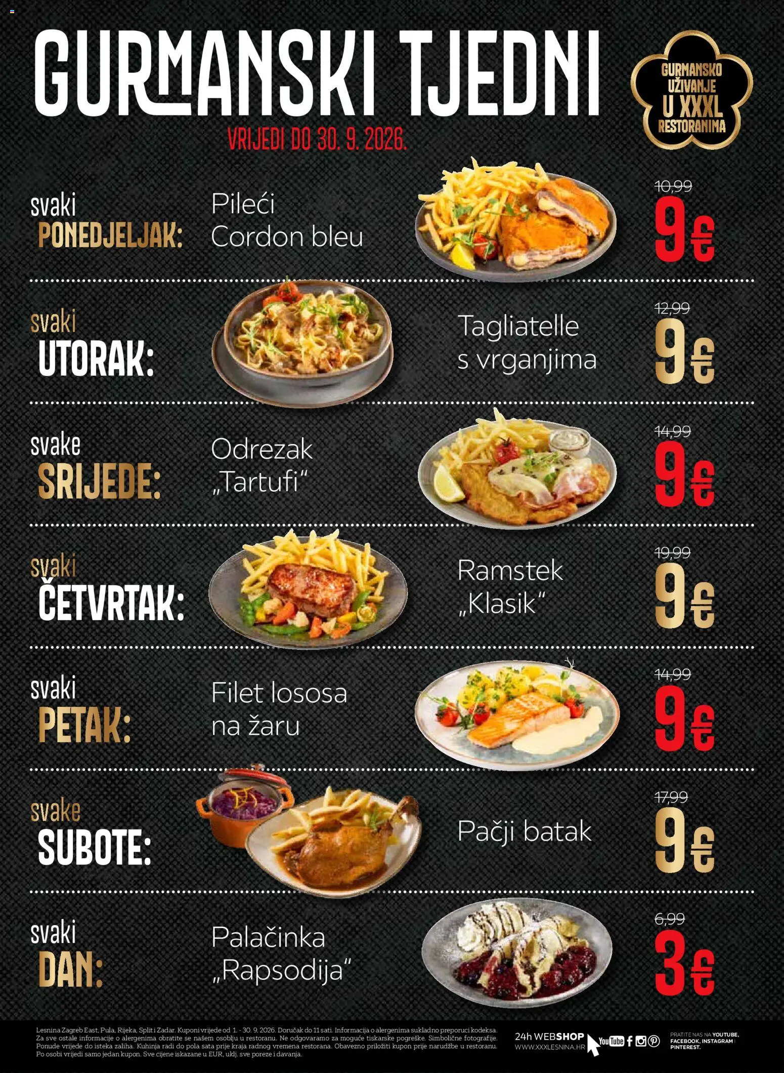 Pregled letka Lesnina Kuponi za restoran Lesnina Zagreb East, Pula, Rijeka, Split i Zadar trgovine Lesnina vrijedi od 10.09.2026